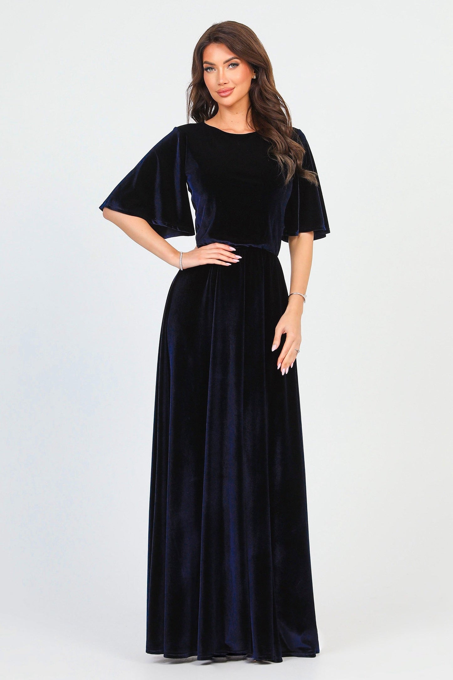 Navy Velvet Round Neckline Dress Flutter Sleeves