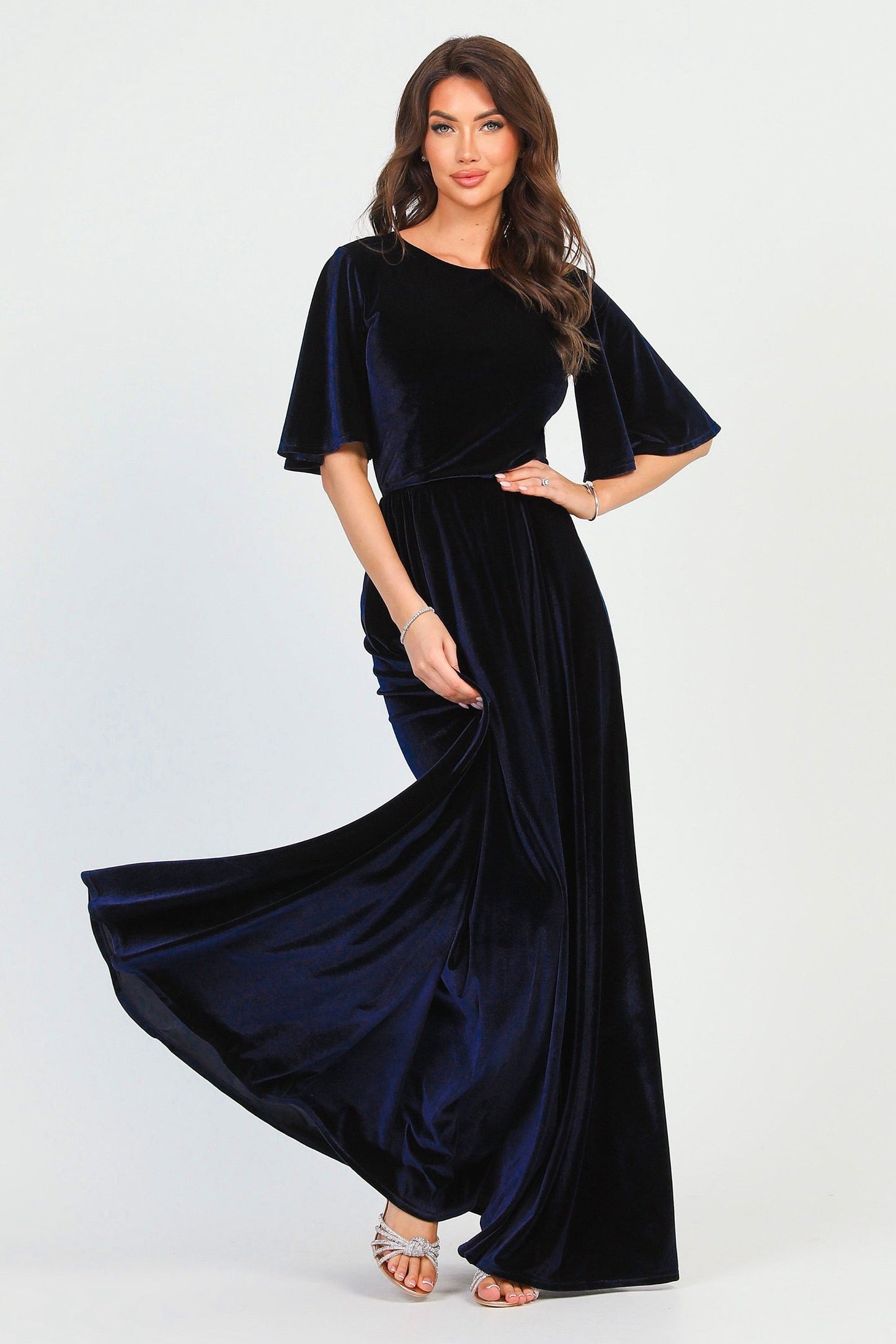 Navy Velvet Round Neckline Dress Flutter Sleeves