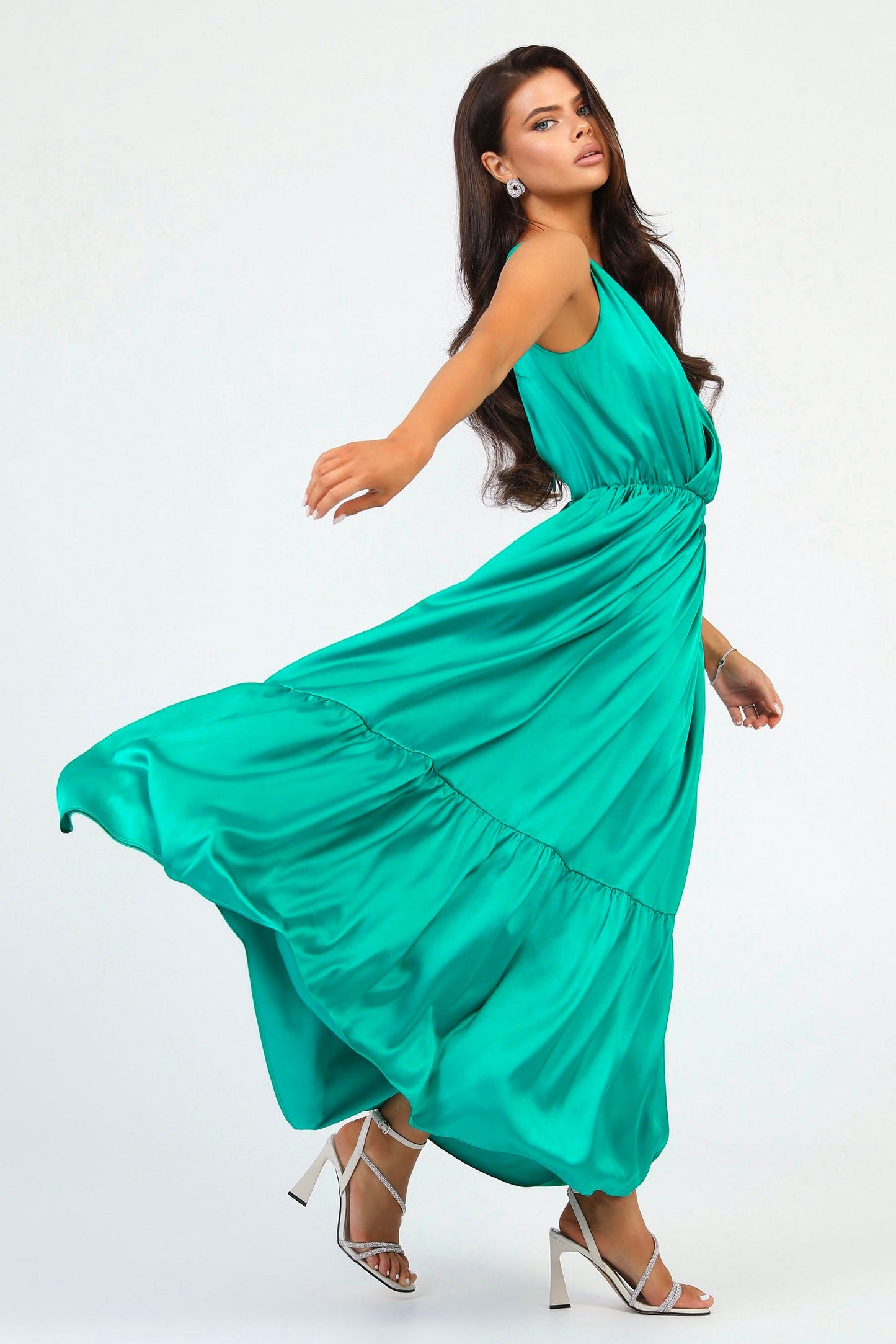 Teal Green Silk Satin Dress Wrap V Neckline