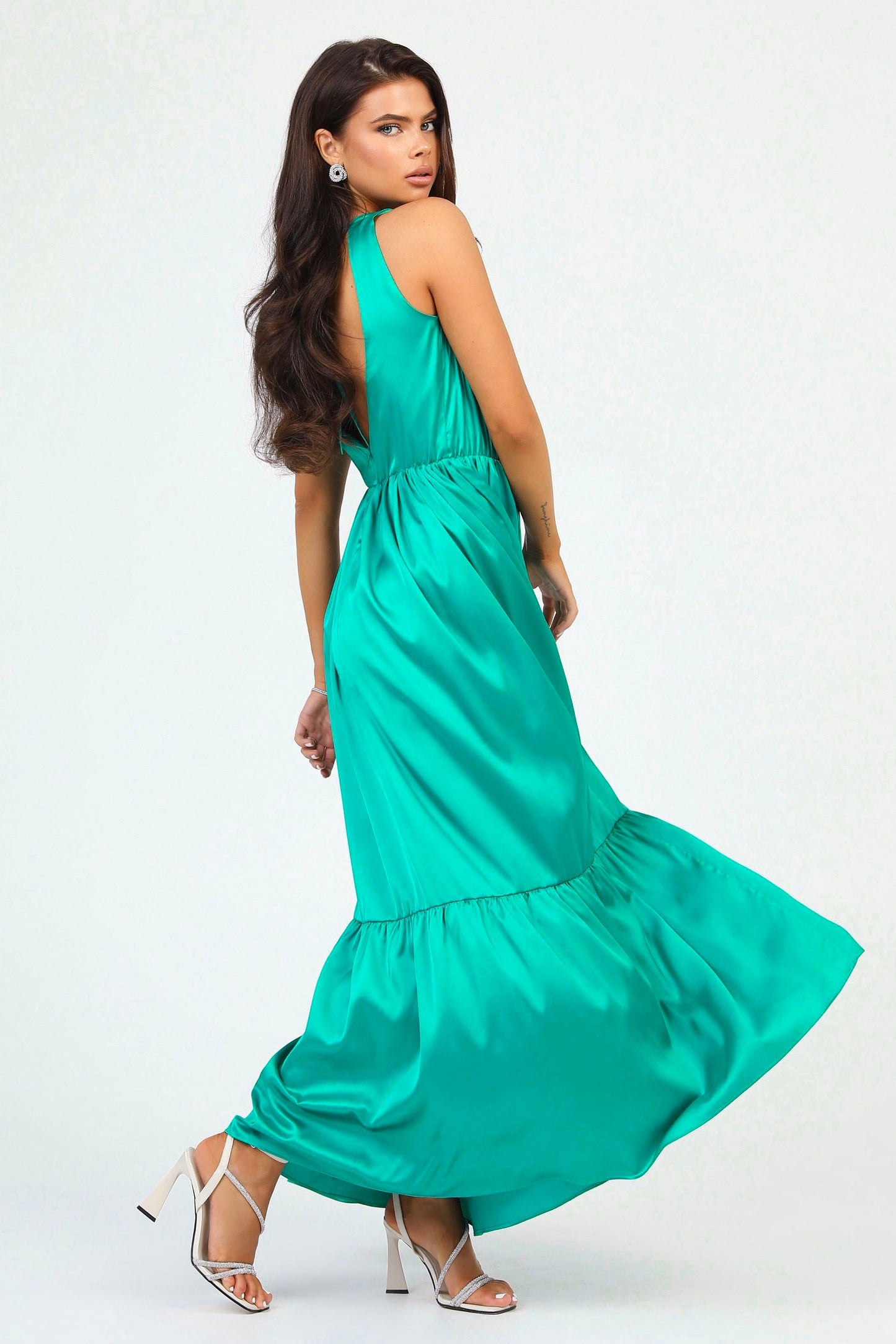 Teal Green Silk Satin Dress Wrap V Neckline