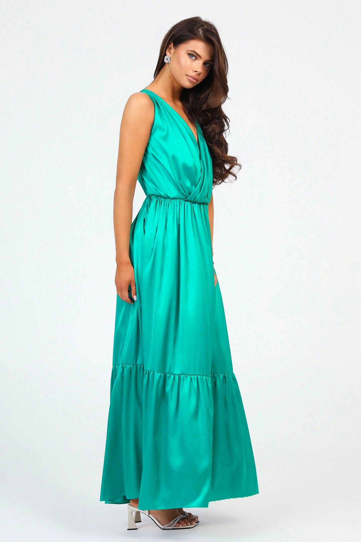 Teal Green Silk Satin Dress Wrap V Neckline