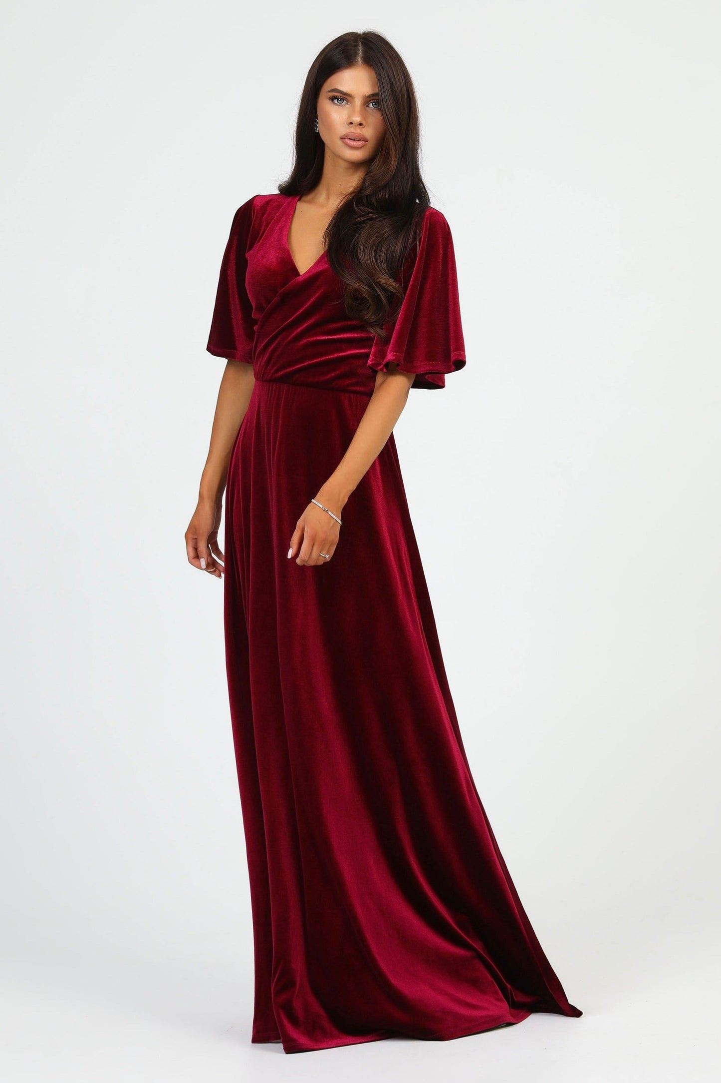 Burgundy Velvet Wrap V Neckline Dress Flutter Sleeves