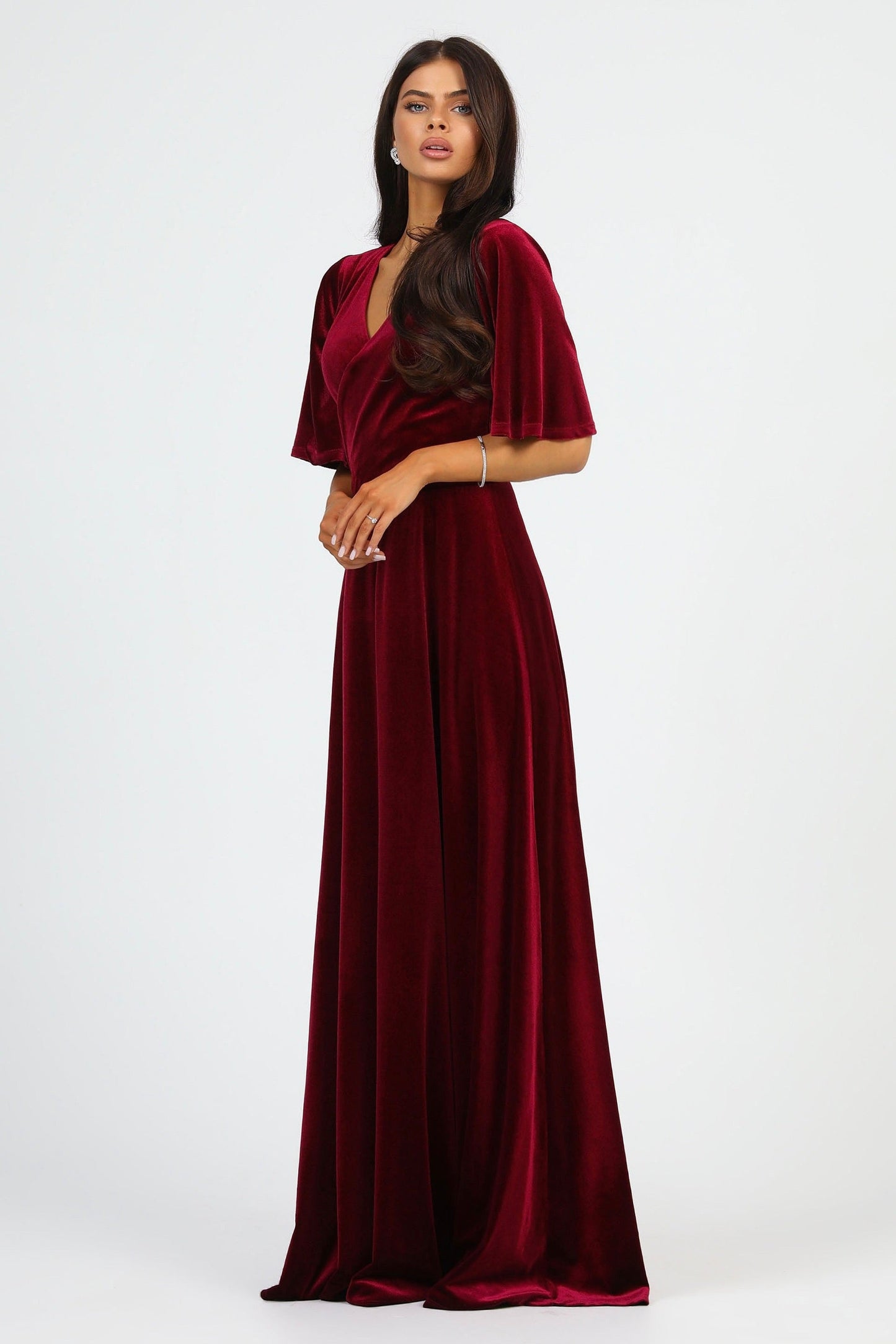 Burgundy Velvet Wrap V Neckline Dress Flutter Sleeves