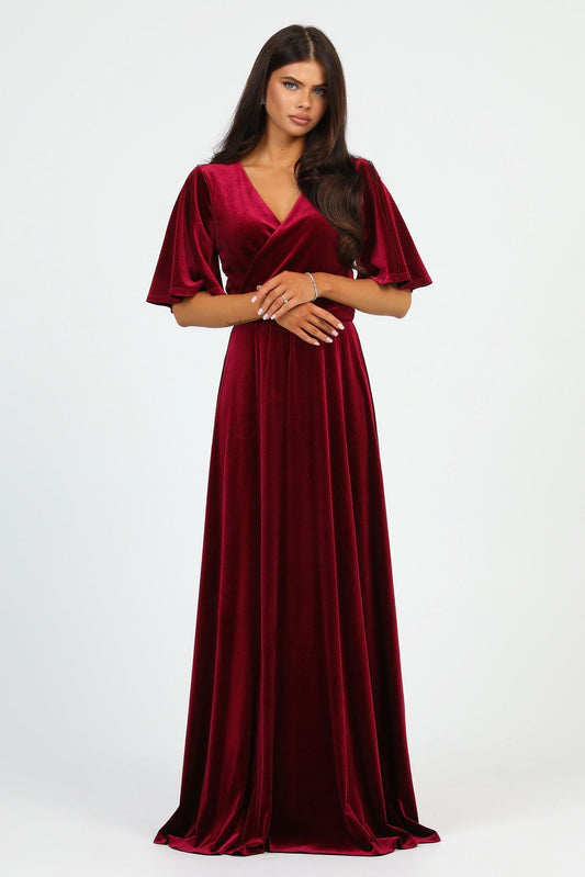 Burgundy Velvet Wrap V Neckline Dress Flutter Sleeves