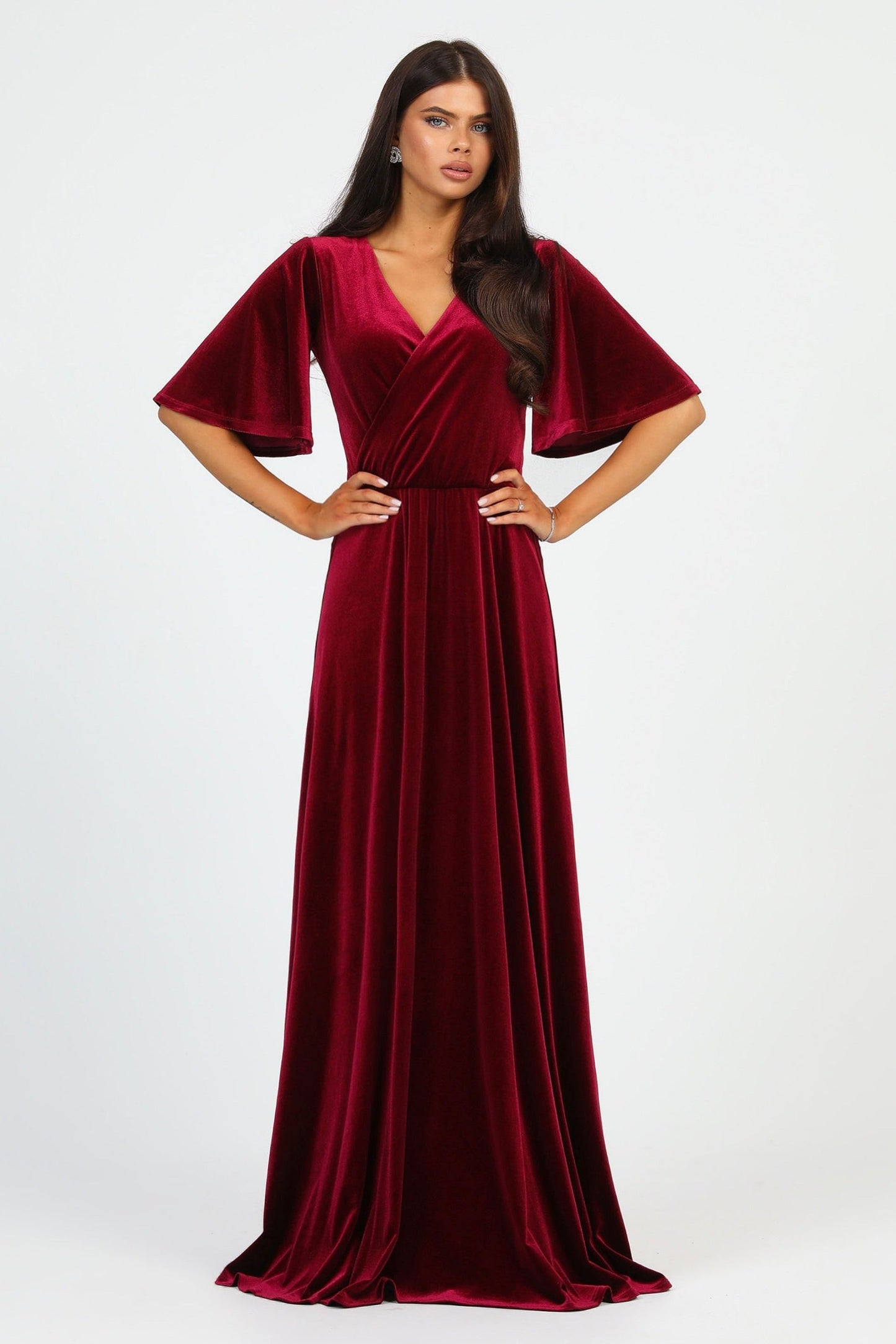 Burgundy Velvet Wrap V Neckline Dress Flutter Sleeves