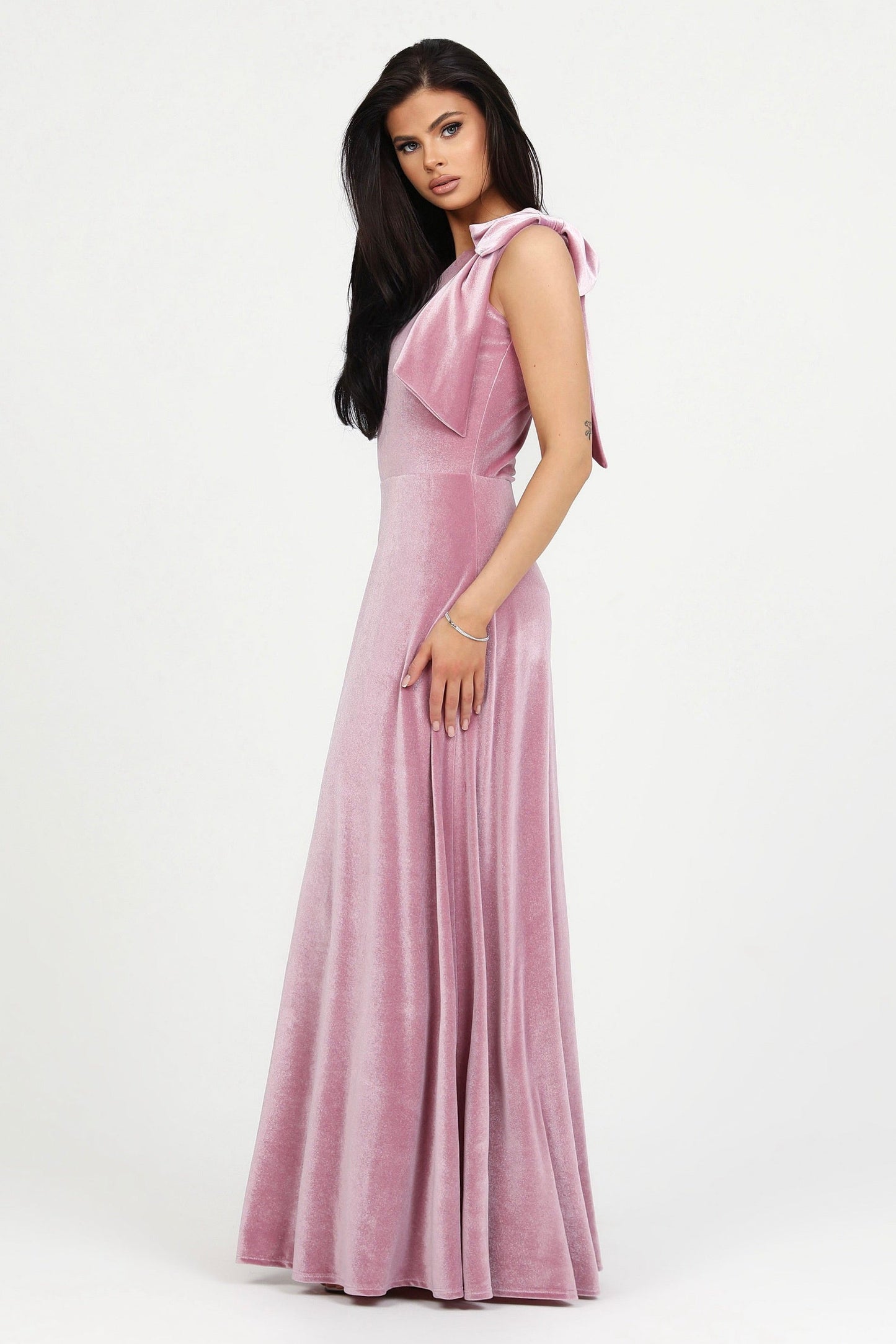 Pink Velvet One Shoulder With Shoulder Bow Dress