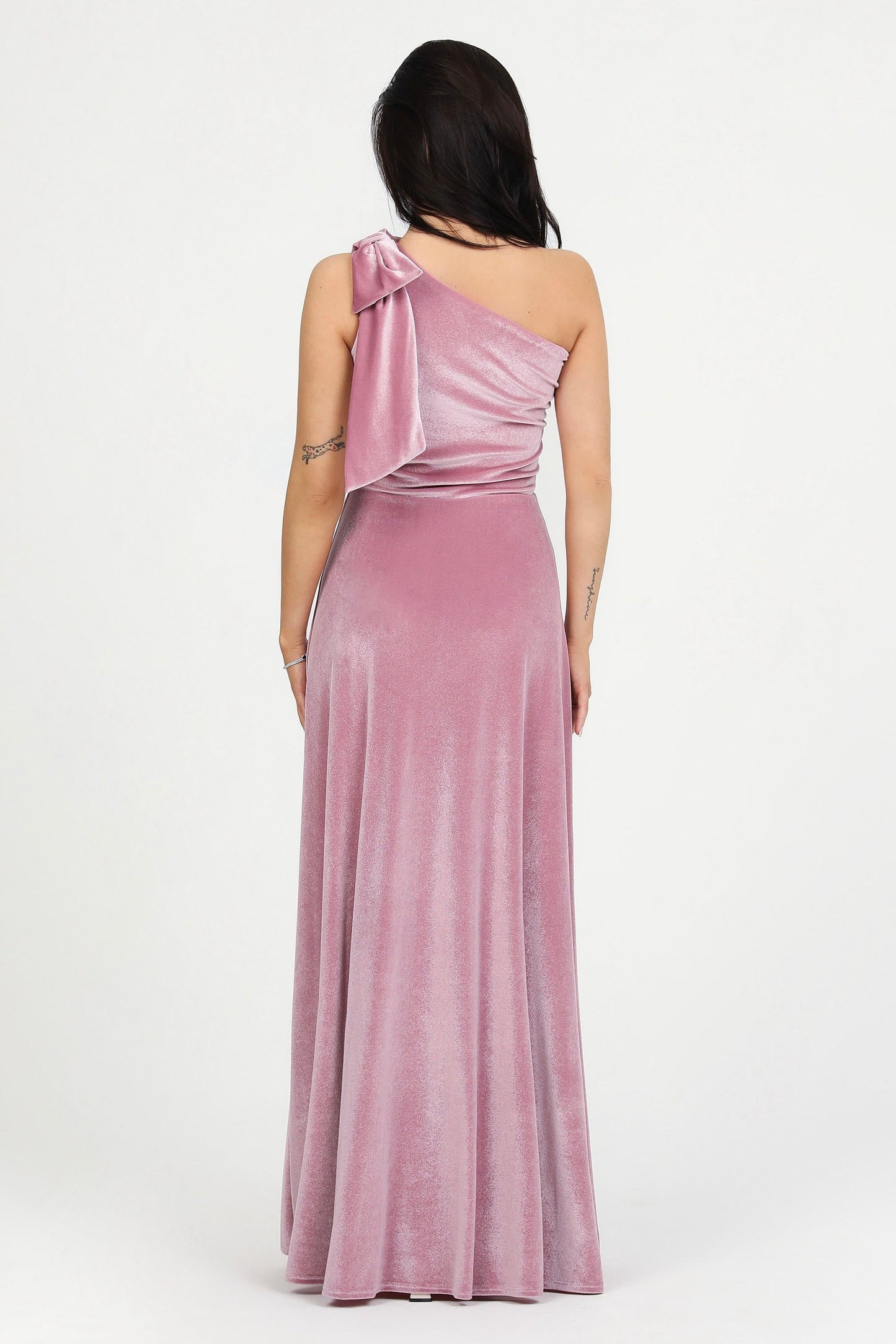 Pink Velvet One Shoulder With Shoulder Bow Dress