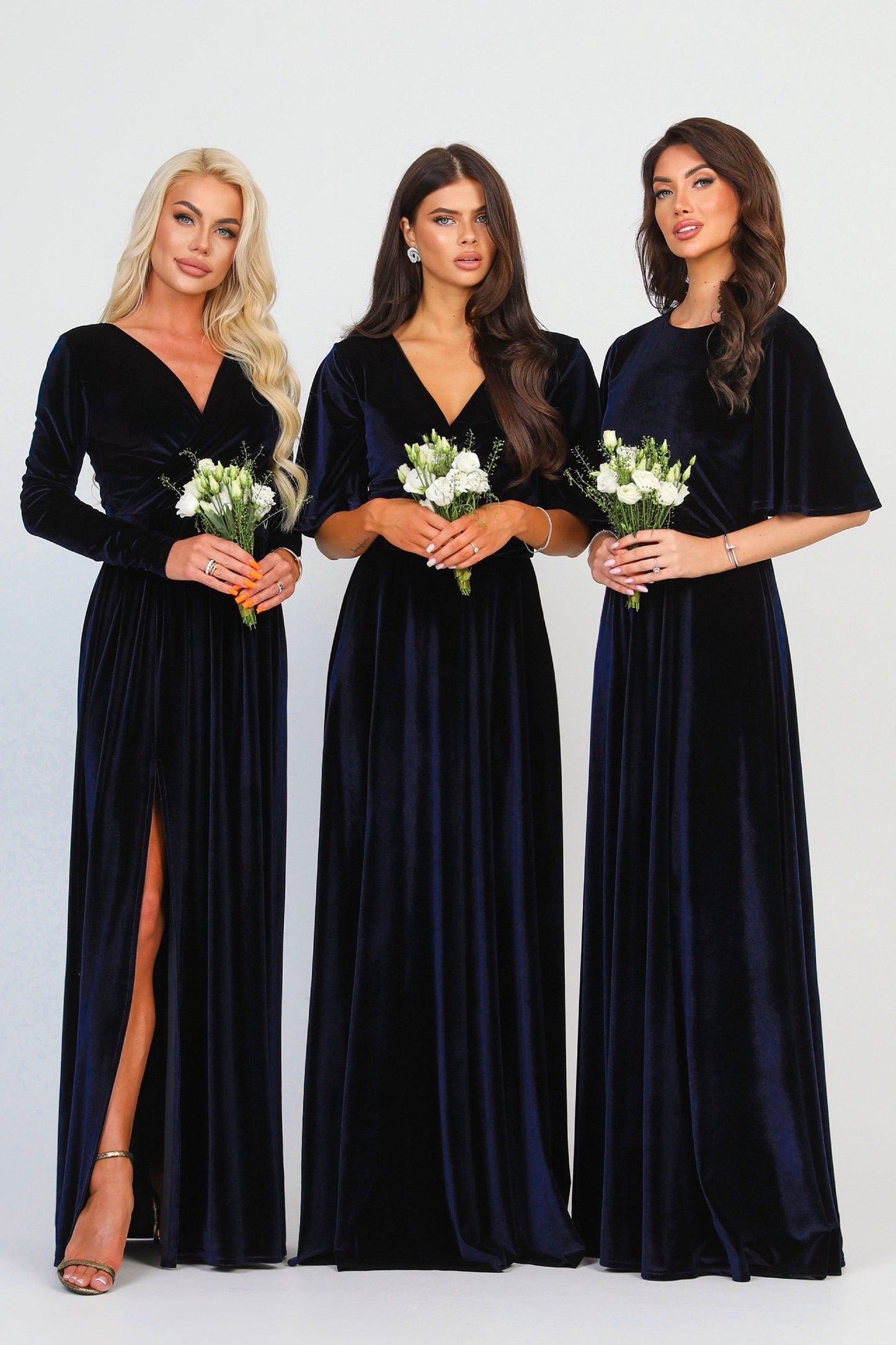 Navy Velvet Round Neckline Dress Flutter Sleeves