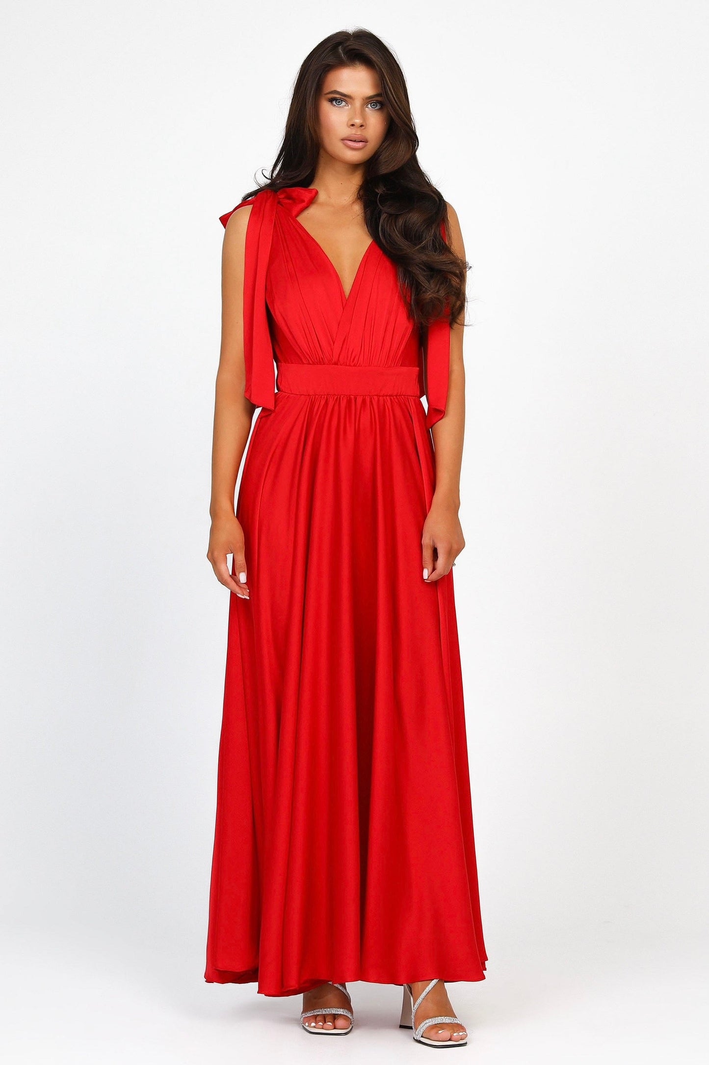 Red Silk Satin Dress With Shoulder Ties