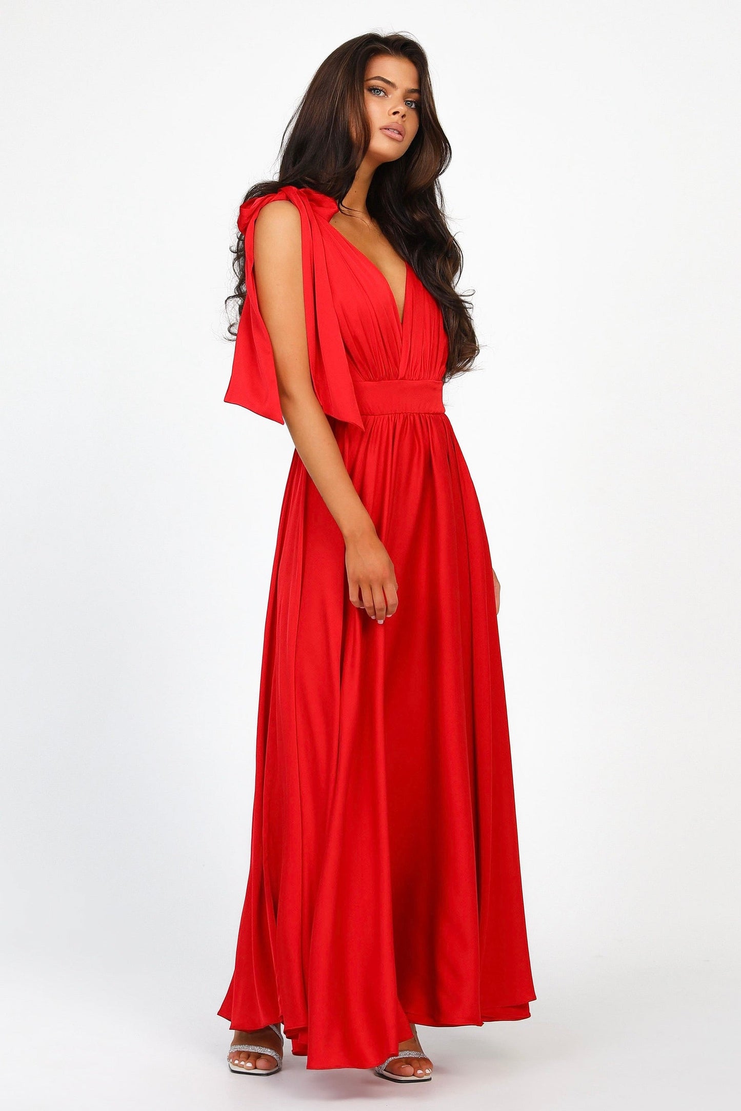 Red Silk Satin Dress With Shoulder Ties