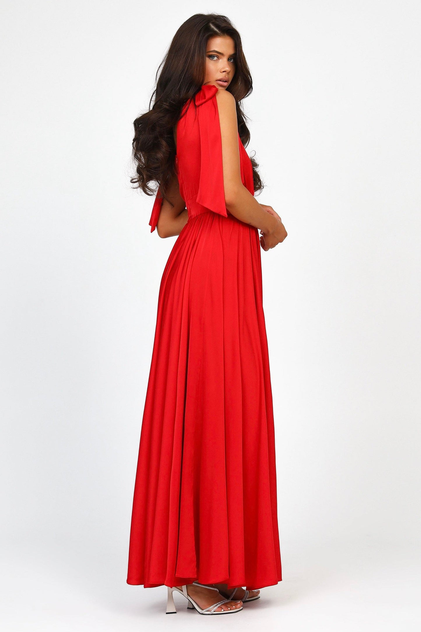 Red Silk Satin Dress With Shoulder Ties