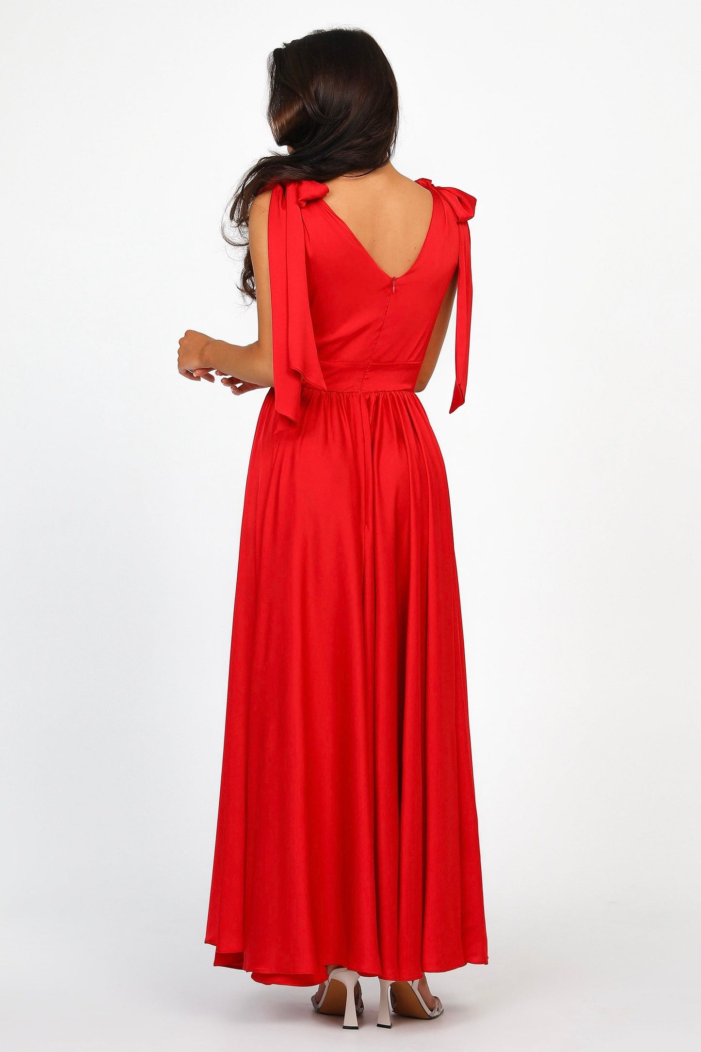 Red Silk Satin Dress With Shoulder Ties