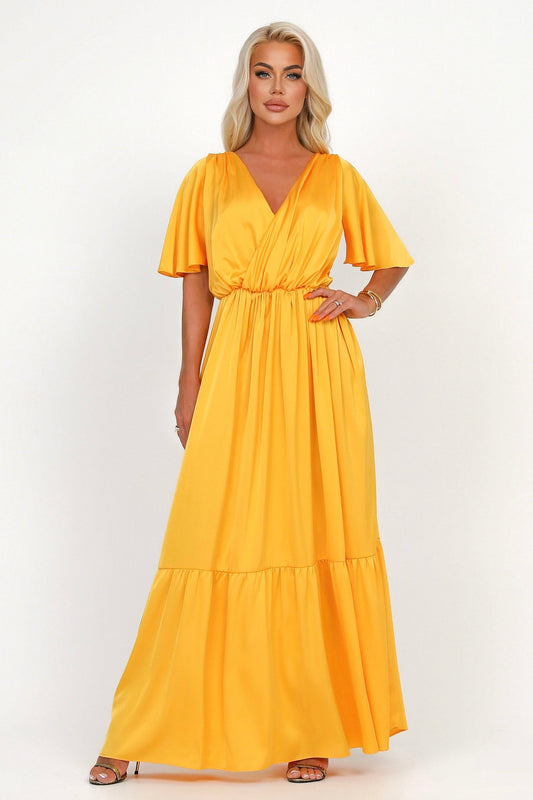 Yellow Silk Satin Dress Wrap V Neckline