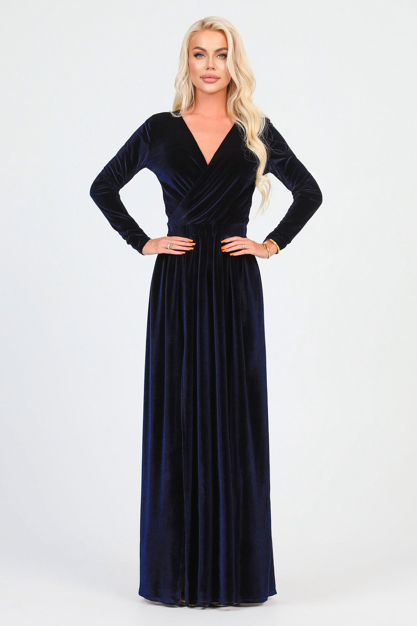 Navy Velvet Wrap V Neckline Dress