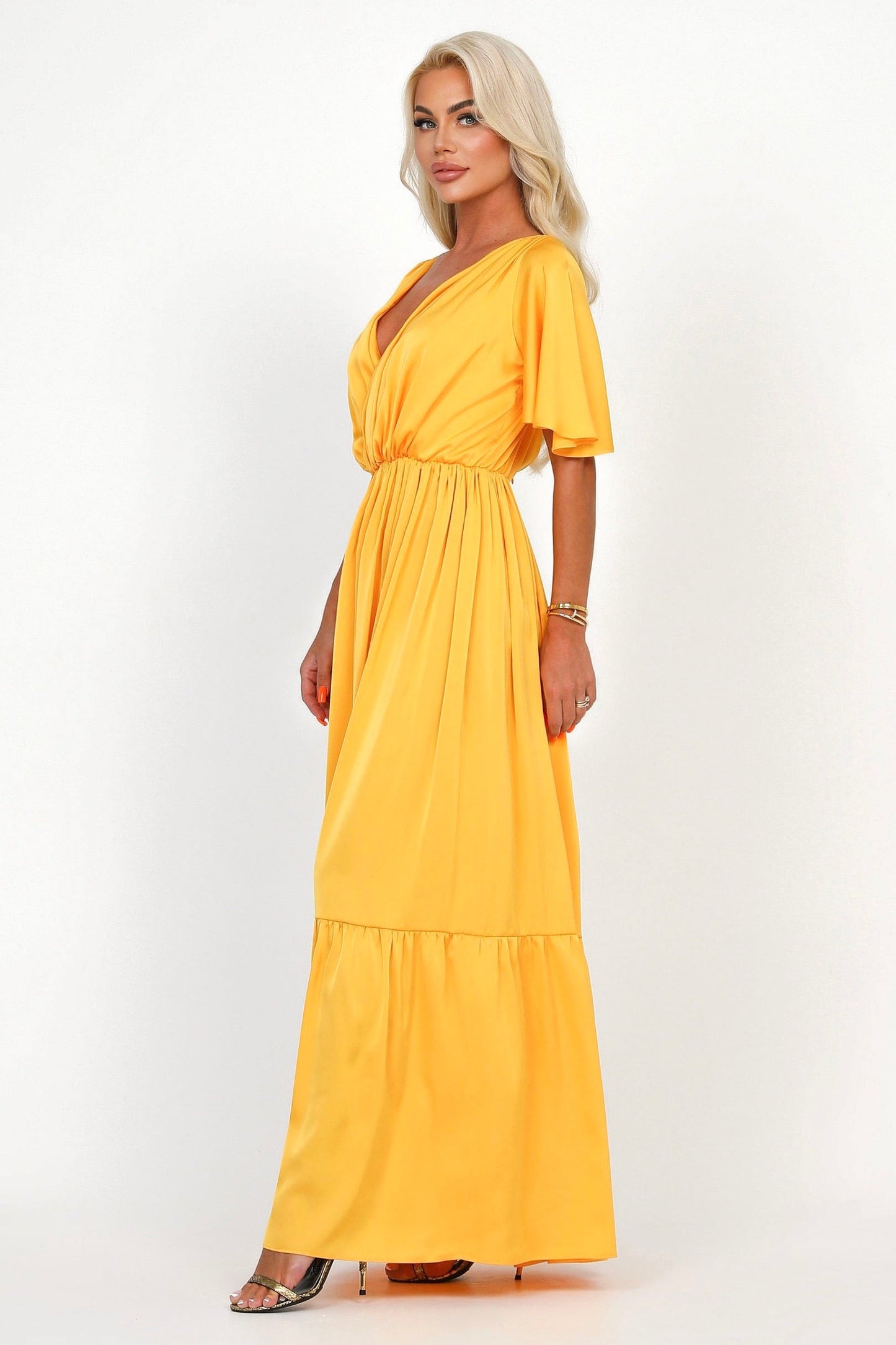 Yellow Silk Satin Dress Wrap V Neckline