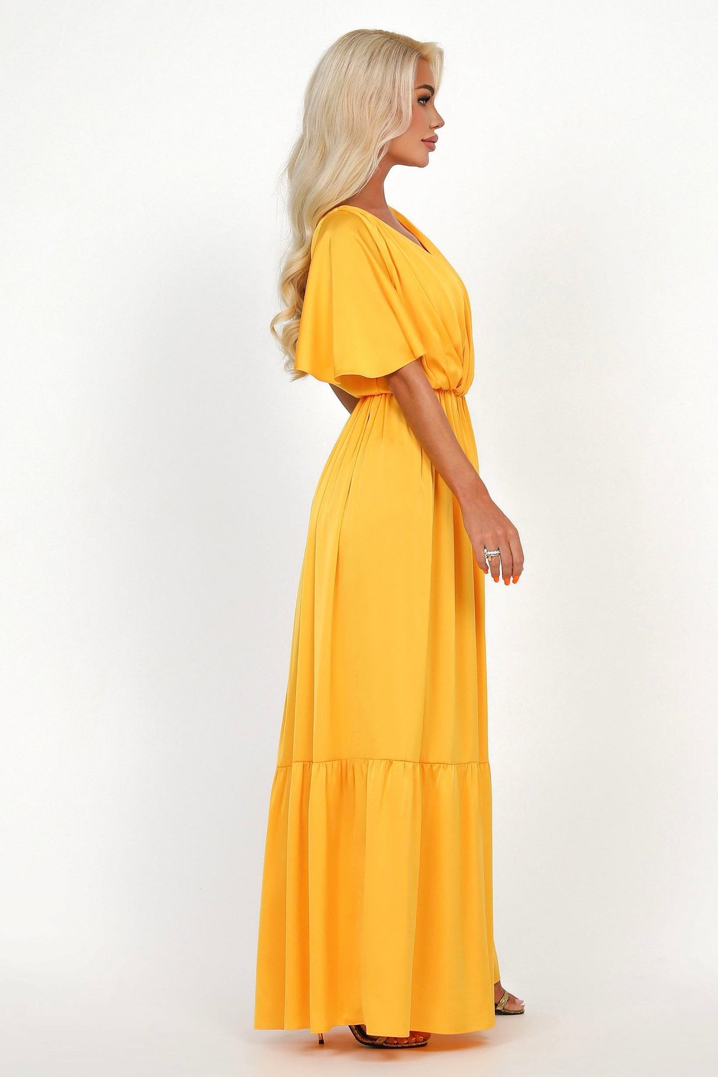 Yellow Silk Satin Dress Wrap V Neckline