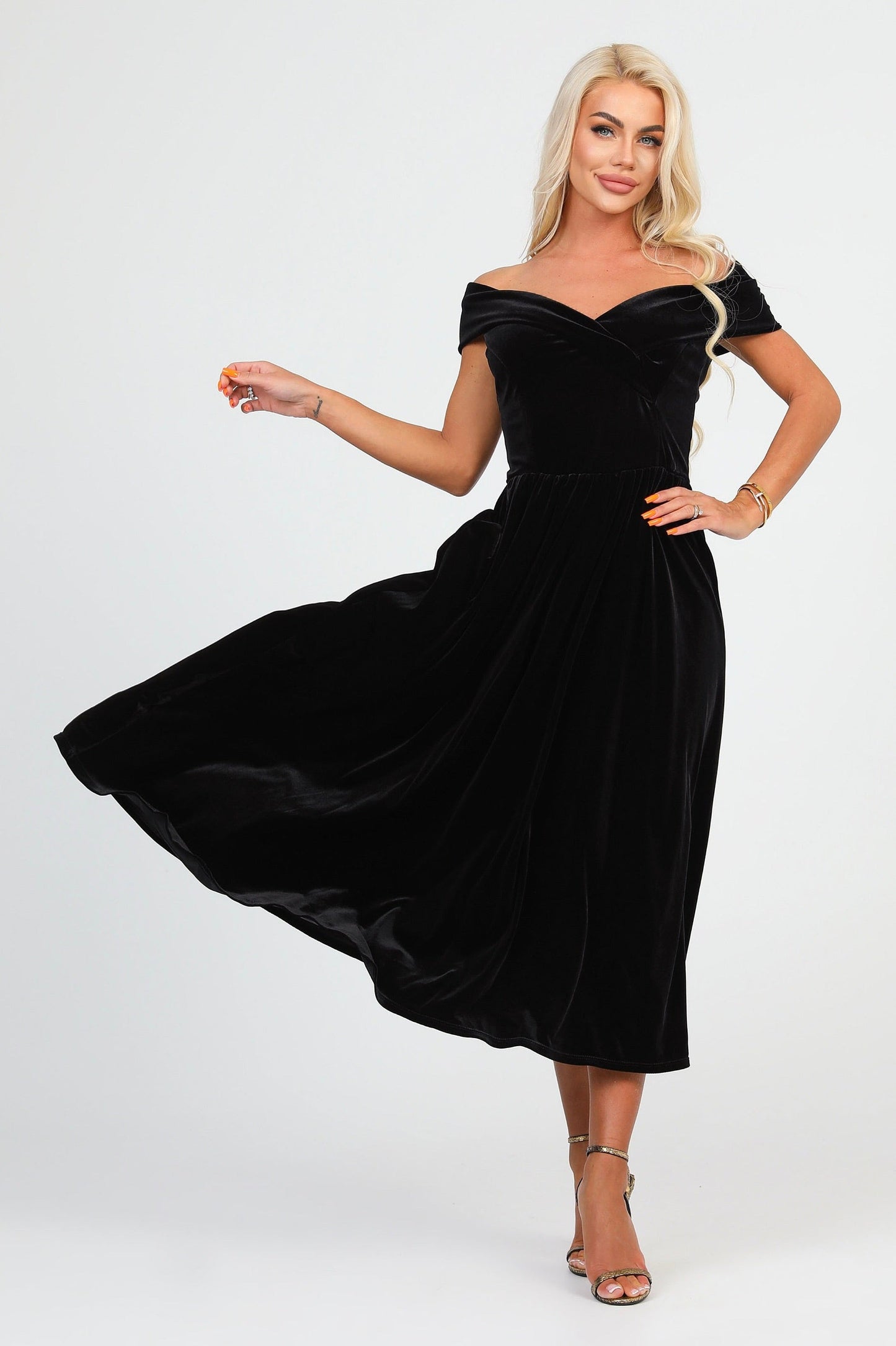 Black Velvet Off The Shoulder Midi Dress