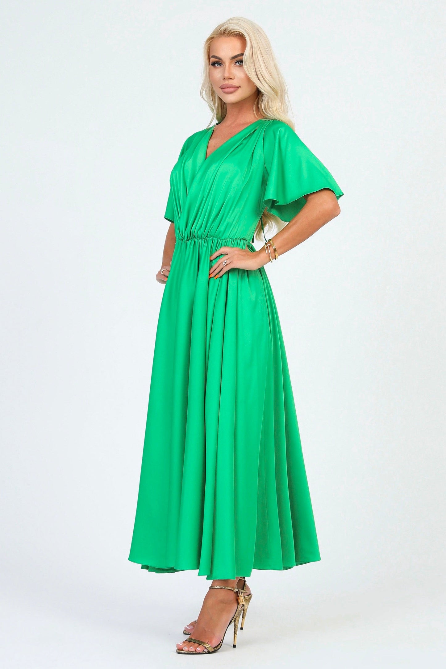 Green Silk Satin Dress Wrap V Neckline