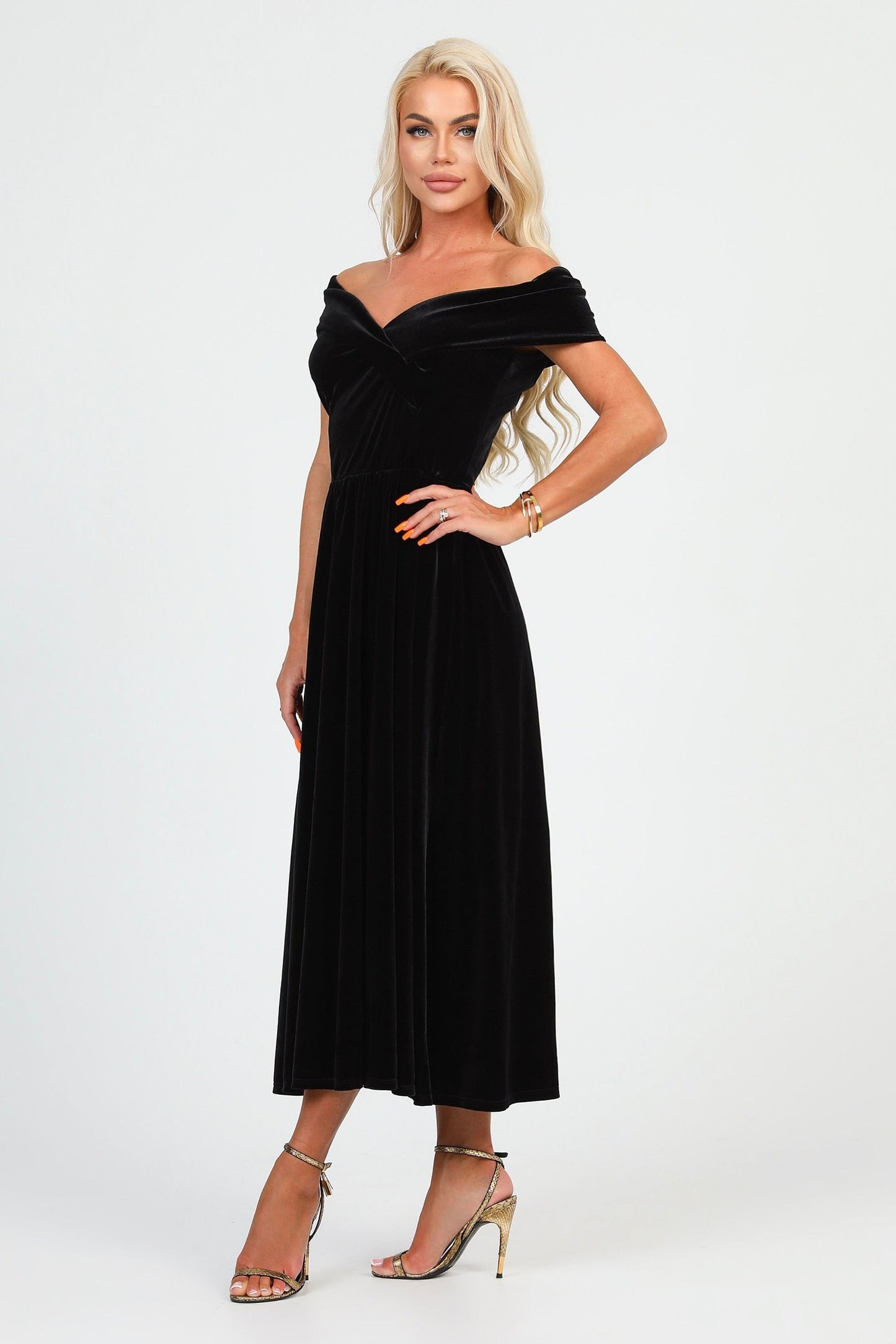 Black Velvet Off The Shoulder Midi Dress