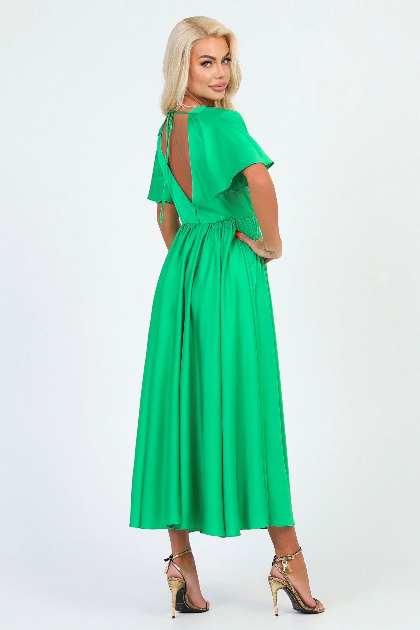 Green Silk Satin Dress Wrap V Neckline