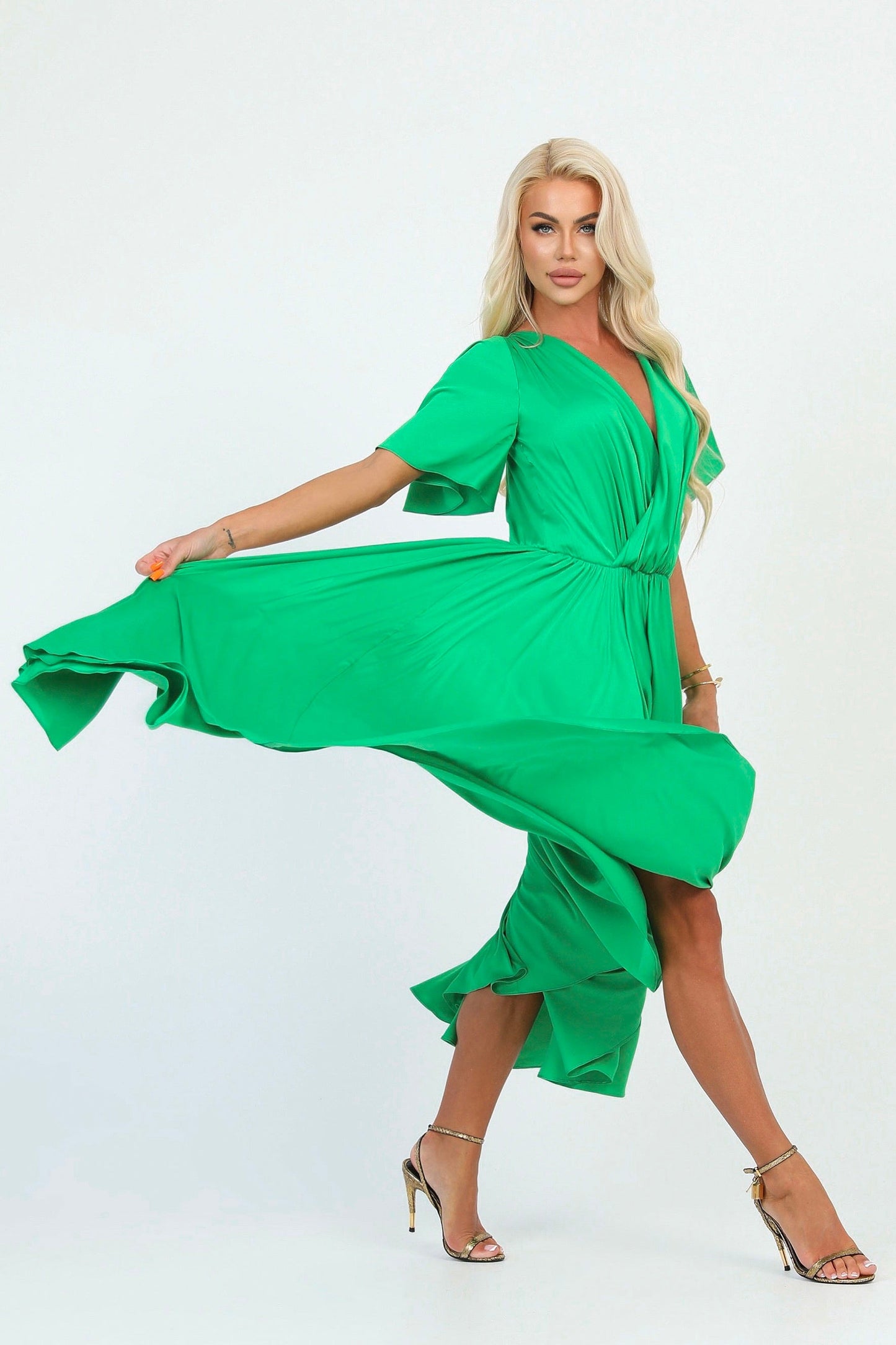 Green Silk Satin Dress Wrap V Neckline