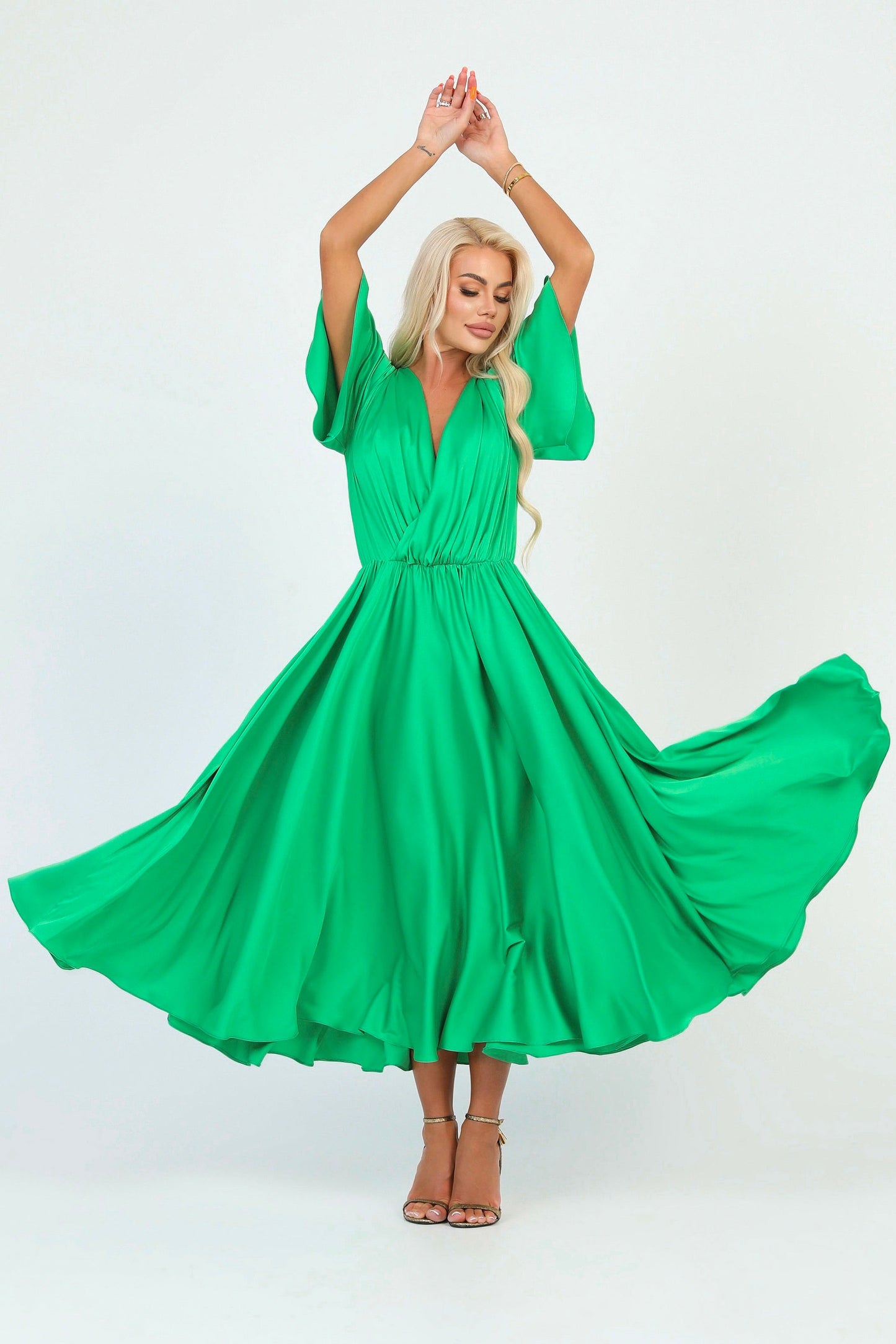 Green Silk Satin Dress Wrap V Neckline