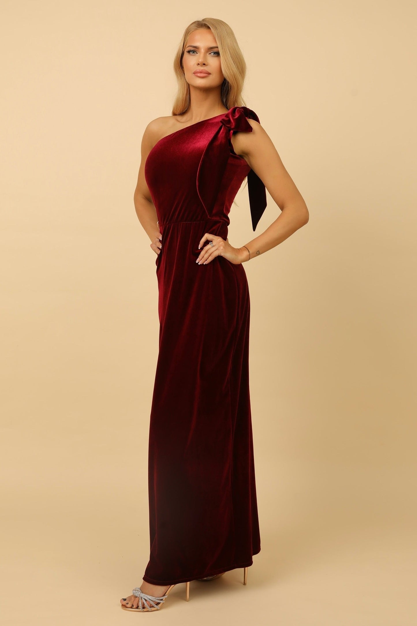 Burgundy Velvet One Shoulder Dress With Shoulder Bow