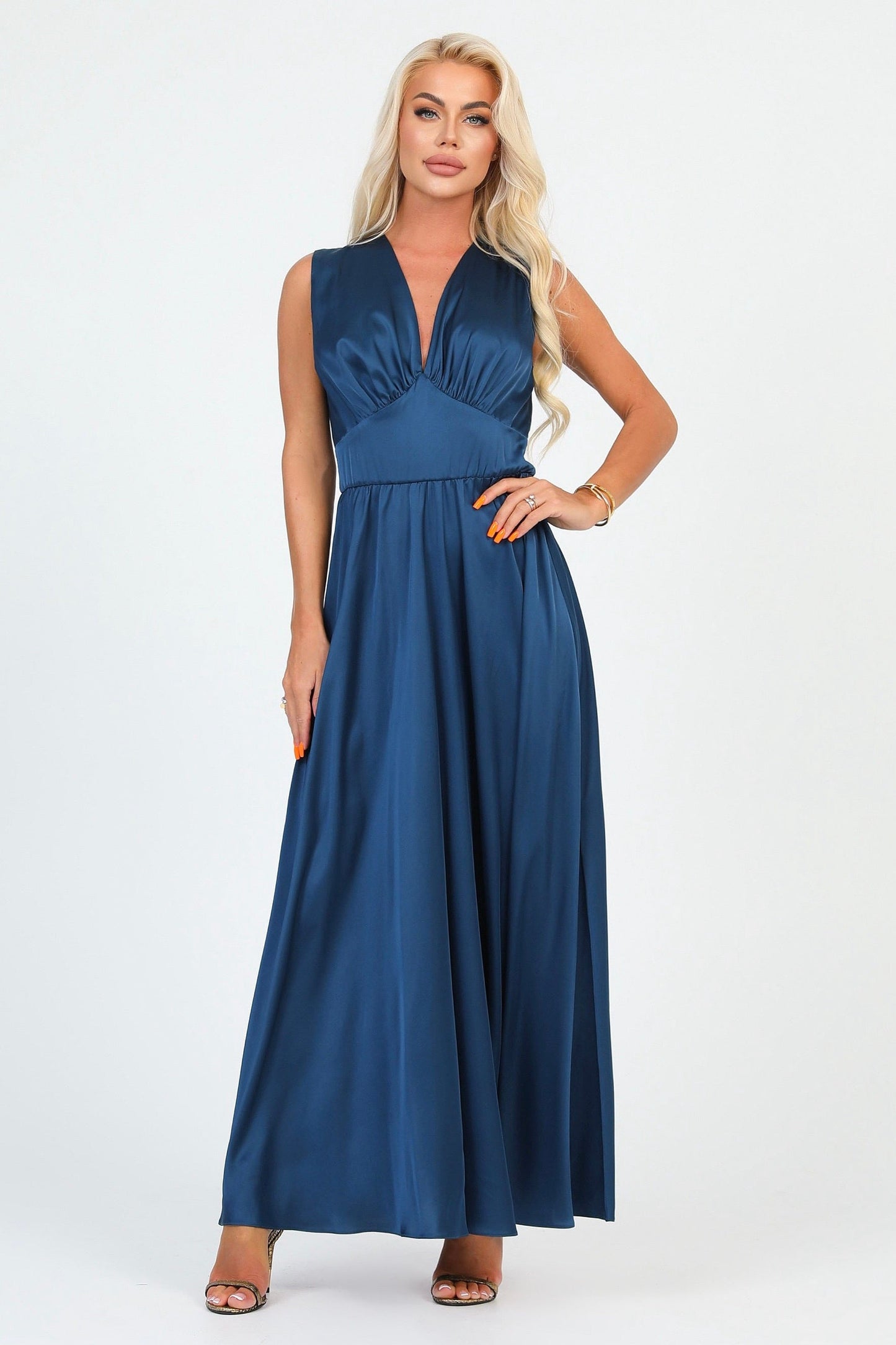 Dark Teal Blue Silk Satin Dress V Neckline