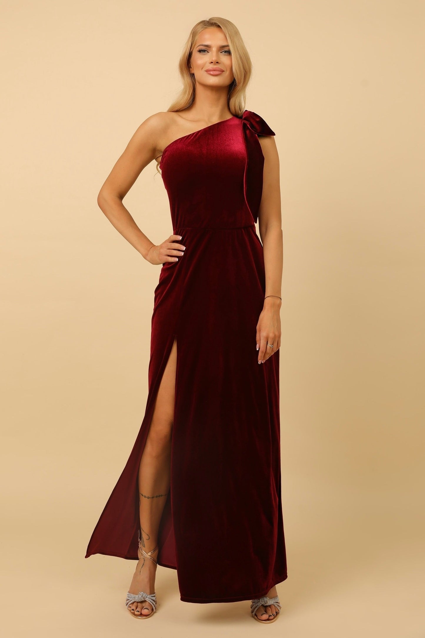 Burgundy Velvet One Shoulder Dress With Shoulder Bow