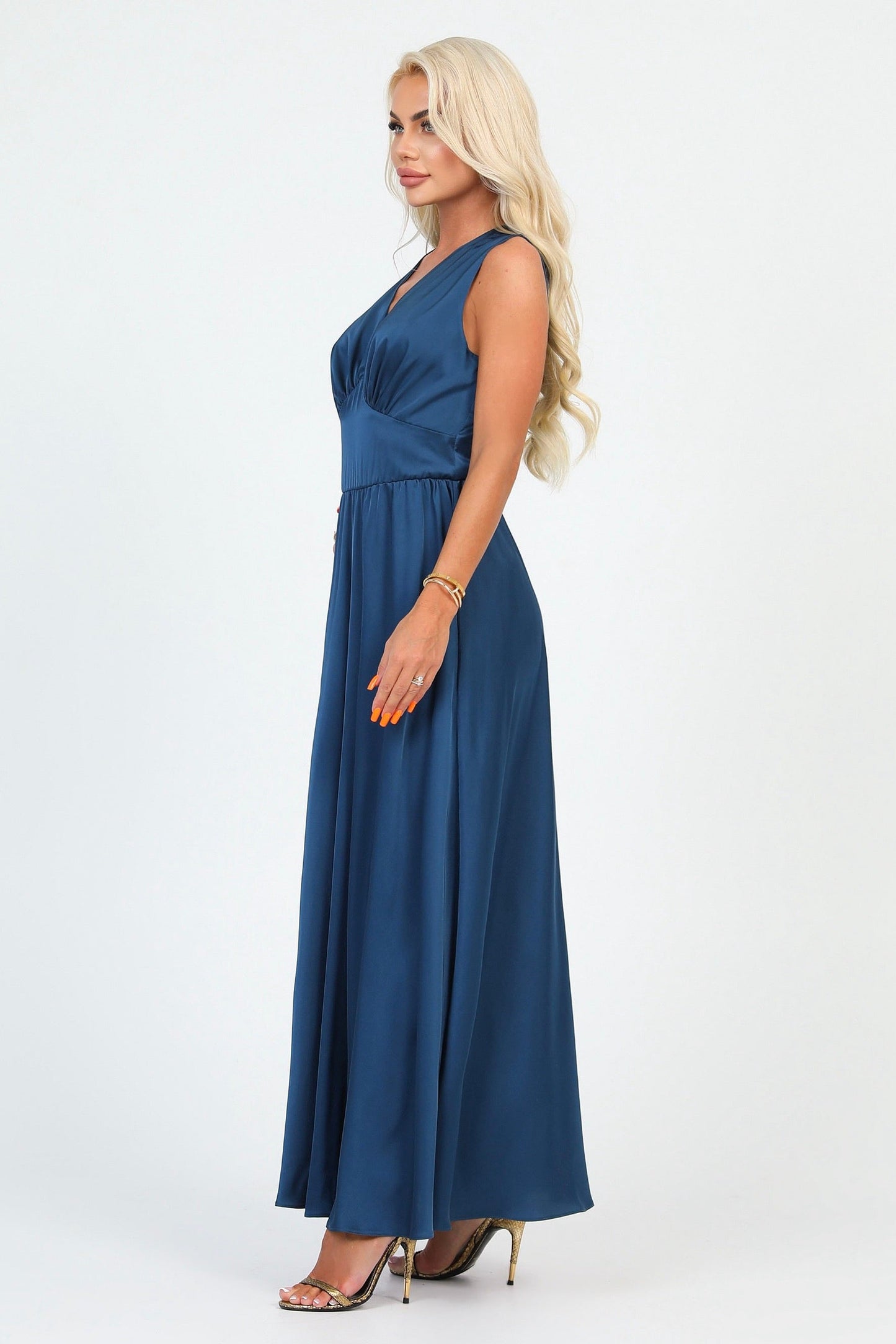 Dark Teal Blue Silk Satin Dress V Neckline