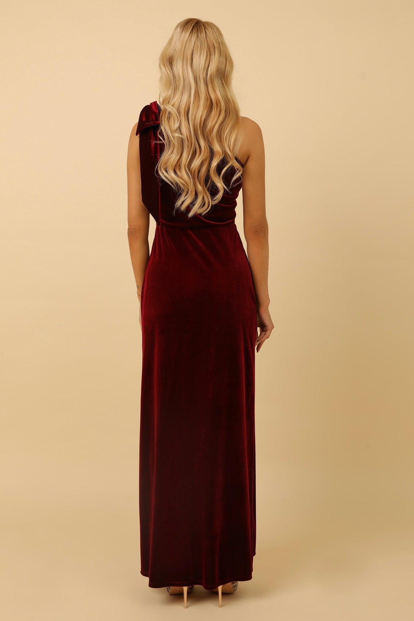 Burgundy Velvet One Shoulder Dress With Shoulder Bow