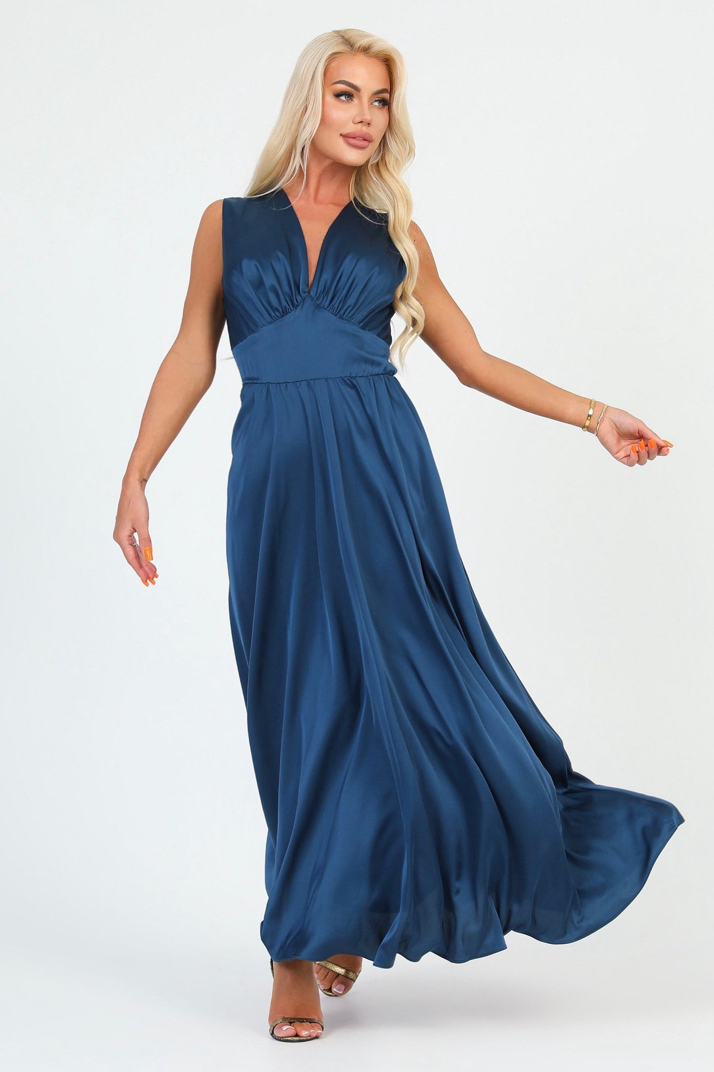 Dark Teal Blue Silk Satin Dress V Neckline