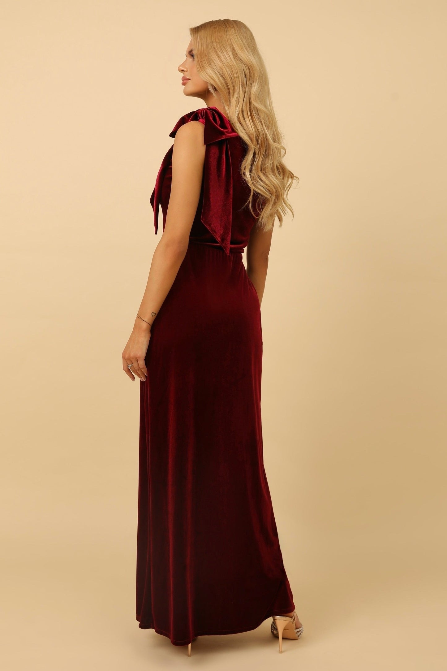 Burgundy Velvet One Shoulder Dress With Shoulder Bow