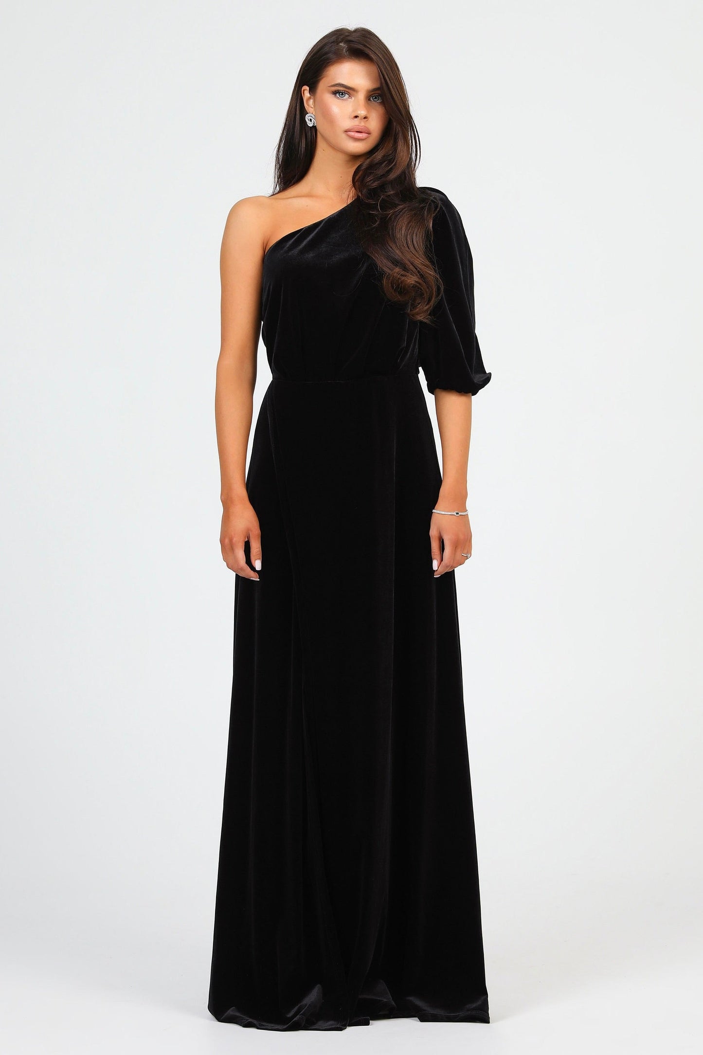 Black Velvet One Shoulder Puffy Sleeve Dress