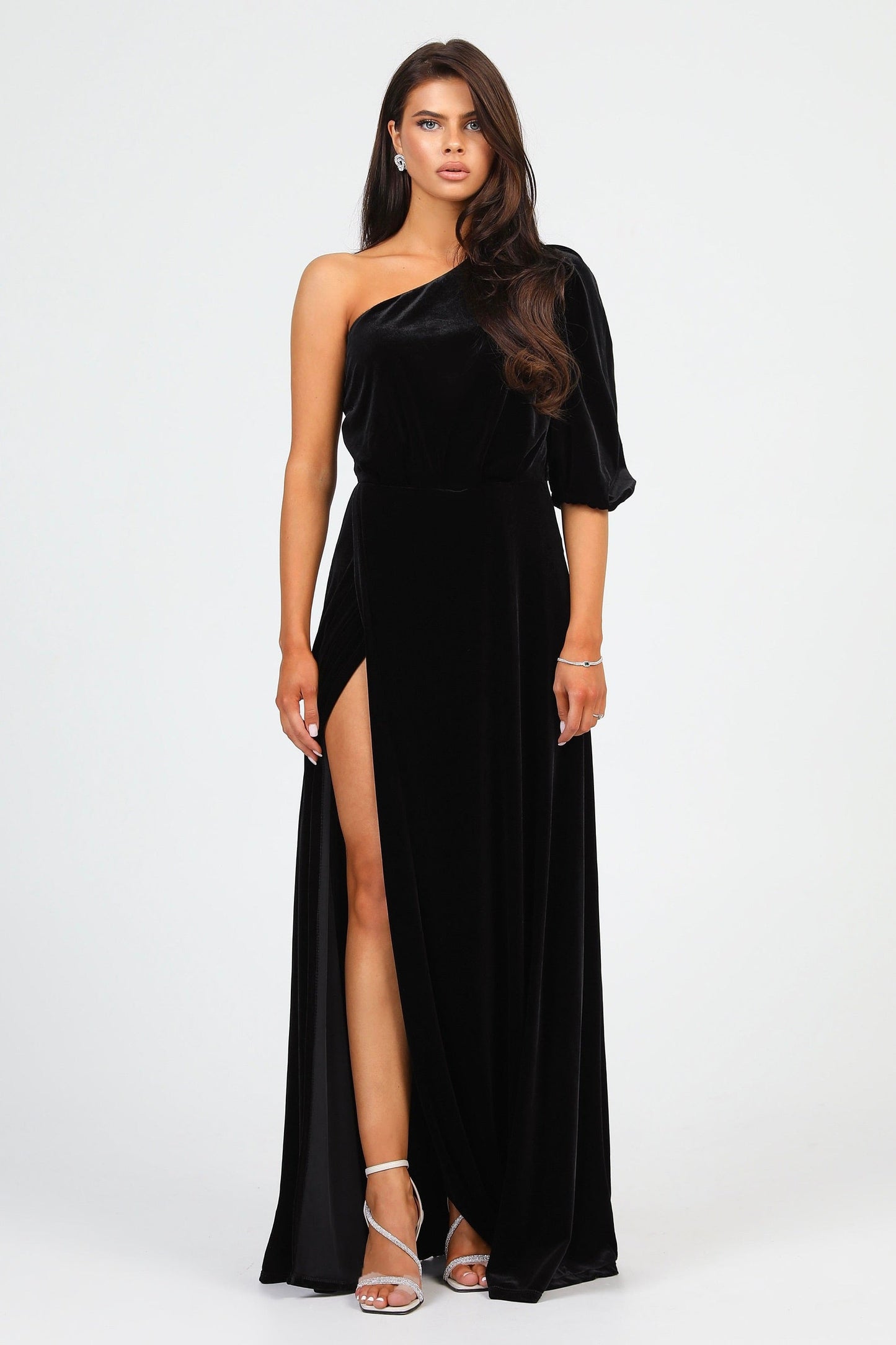 Black Velvet One Shoulder Puffy Sleeve Dress