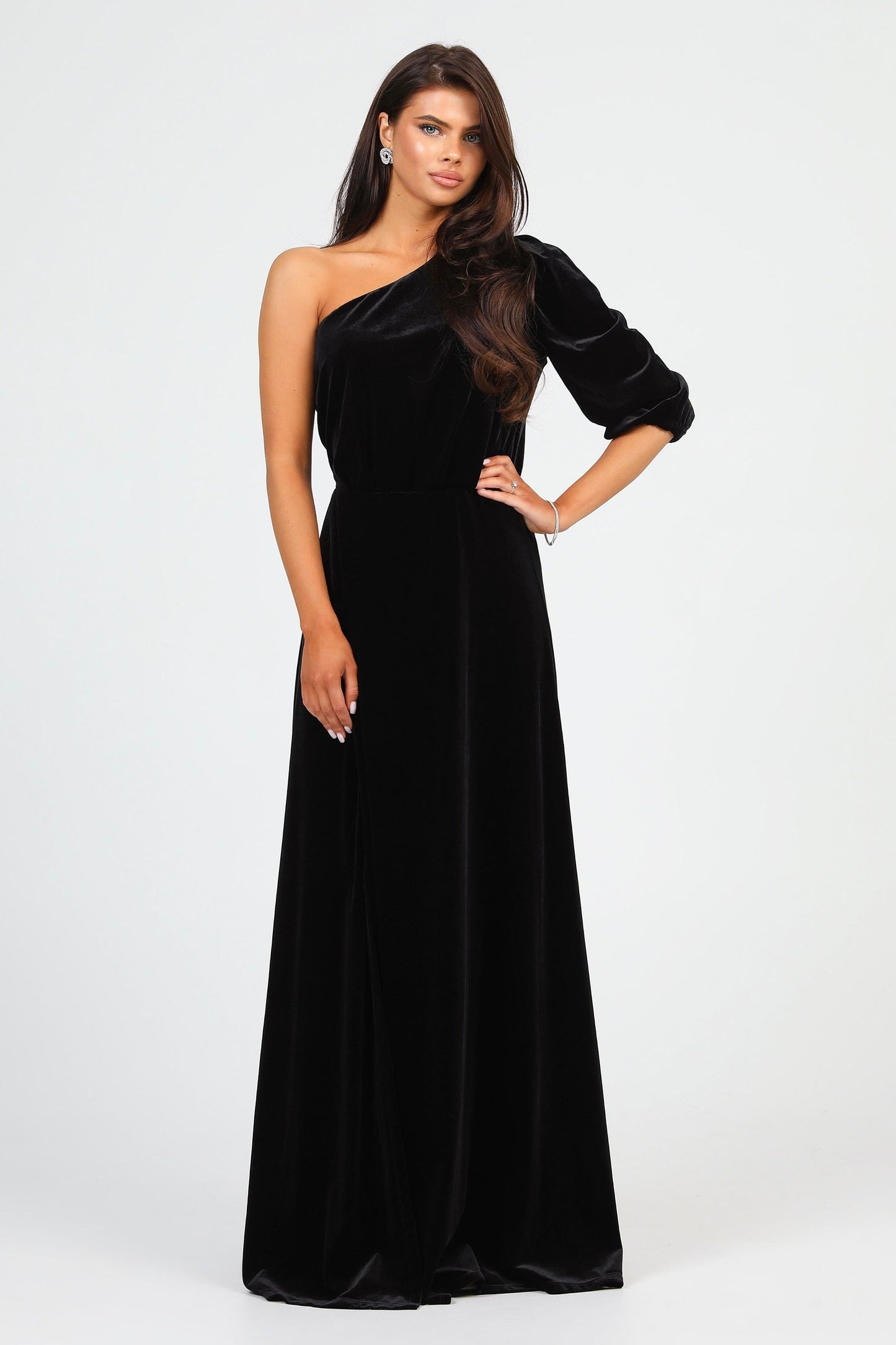 Black Velvet One Shoulder Puffy Sleeve Dress