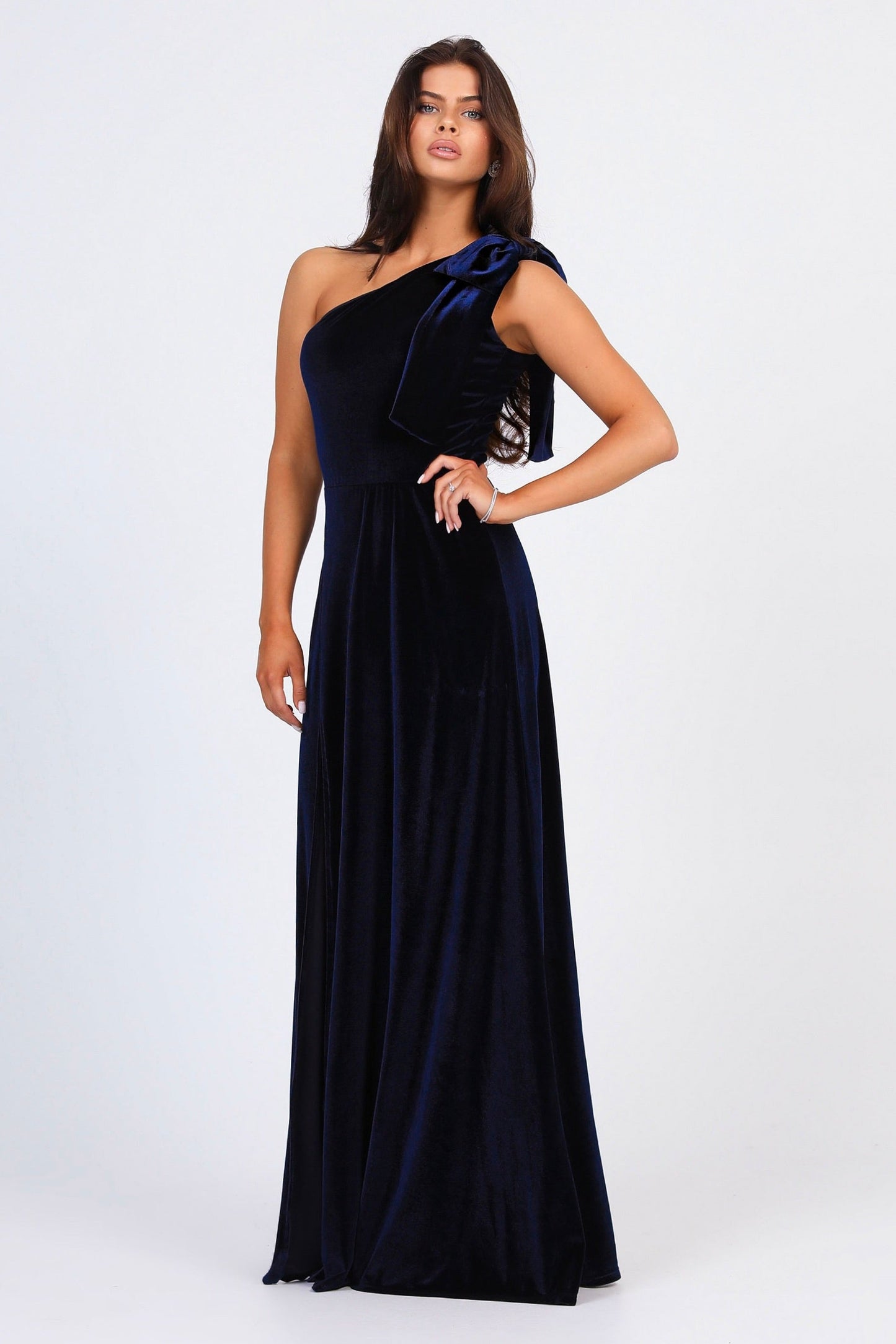 Navy Velvet One Shoulder With Shoulder Bow Dress