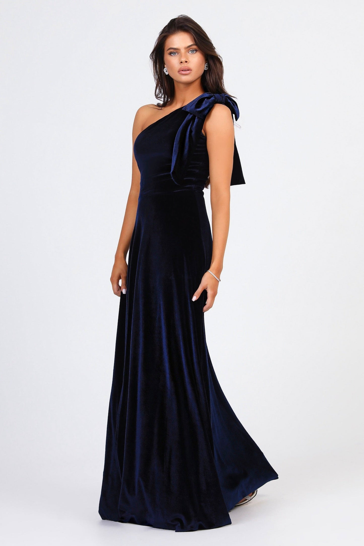 Navy Velvet One Shoulder With Shoulder Bow Dress