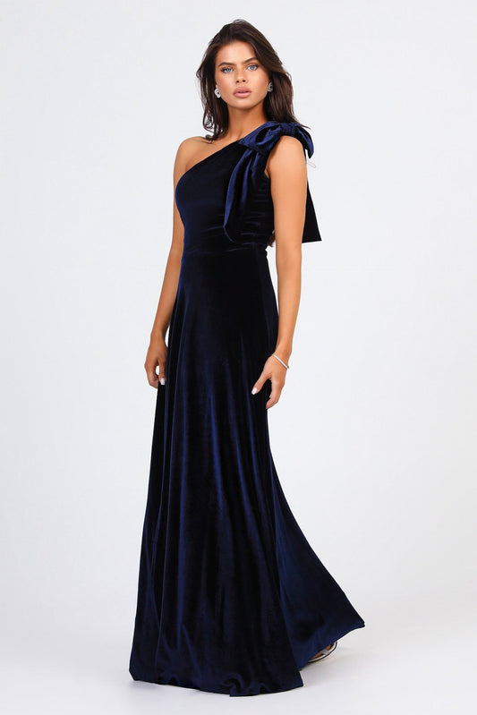 Navy Velvet One Shoulder With Shoulder Bow Dress