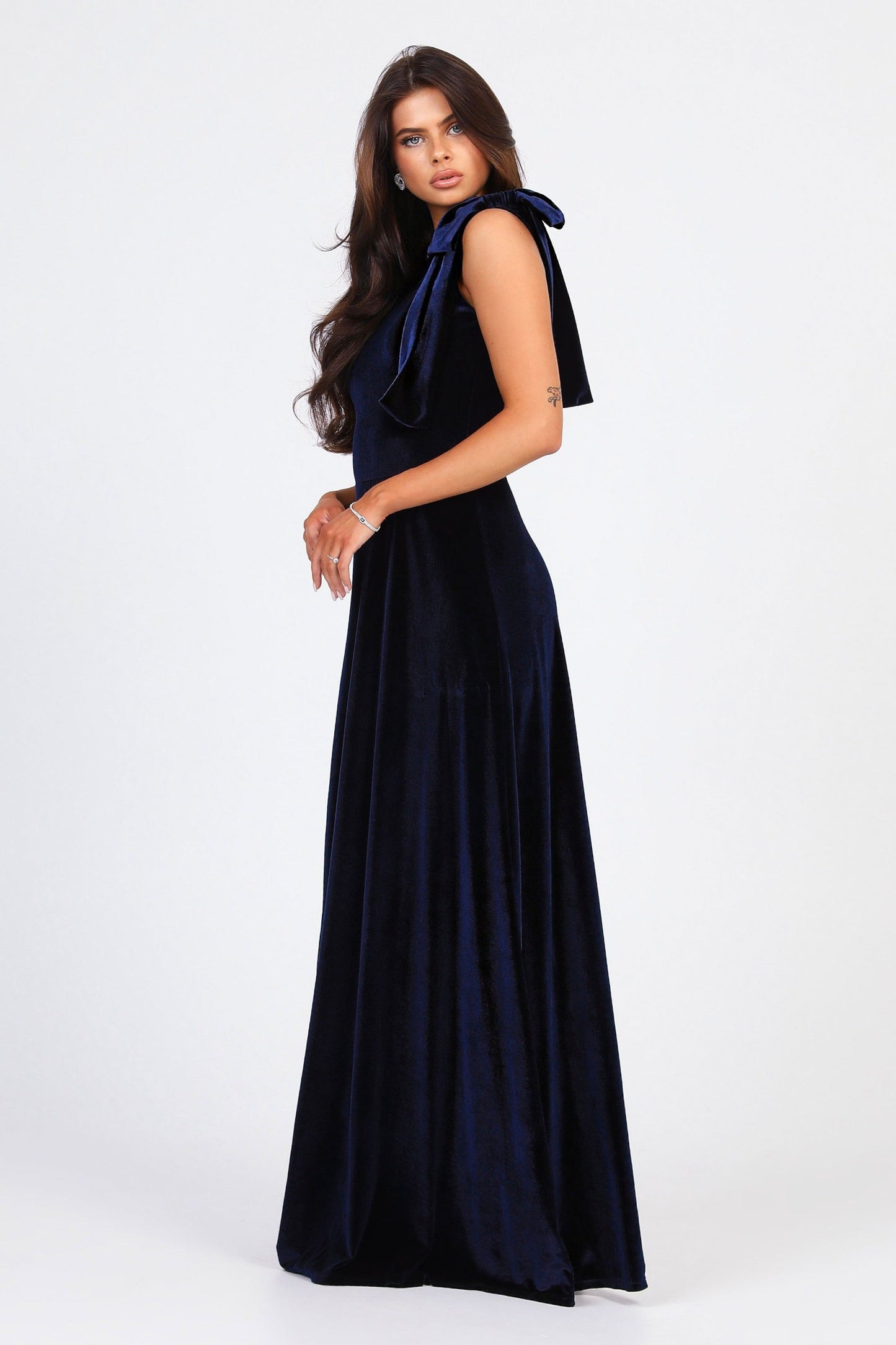 Navy Velvet One Shoulder With Shoulder Bow Dress