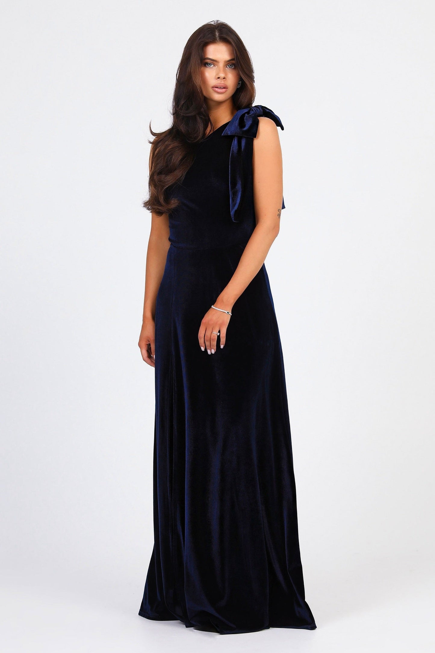 Navy Velvet One Shoulder With Shoulder Bow Dress