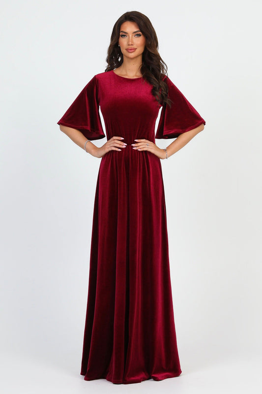 Burgundy Velvet Round Neckline Dress Flutter Sleeves