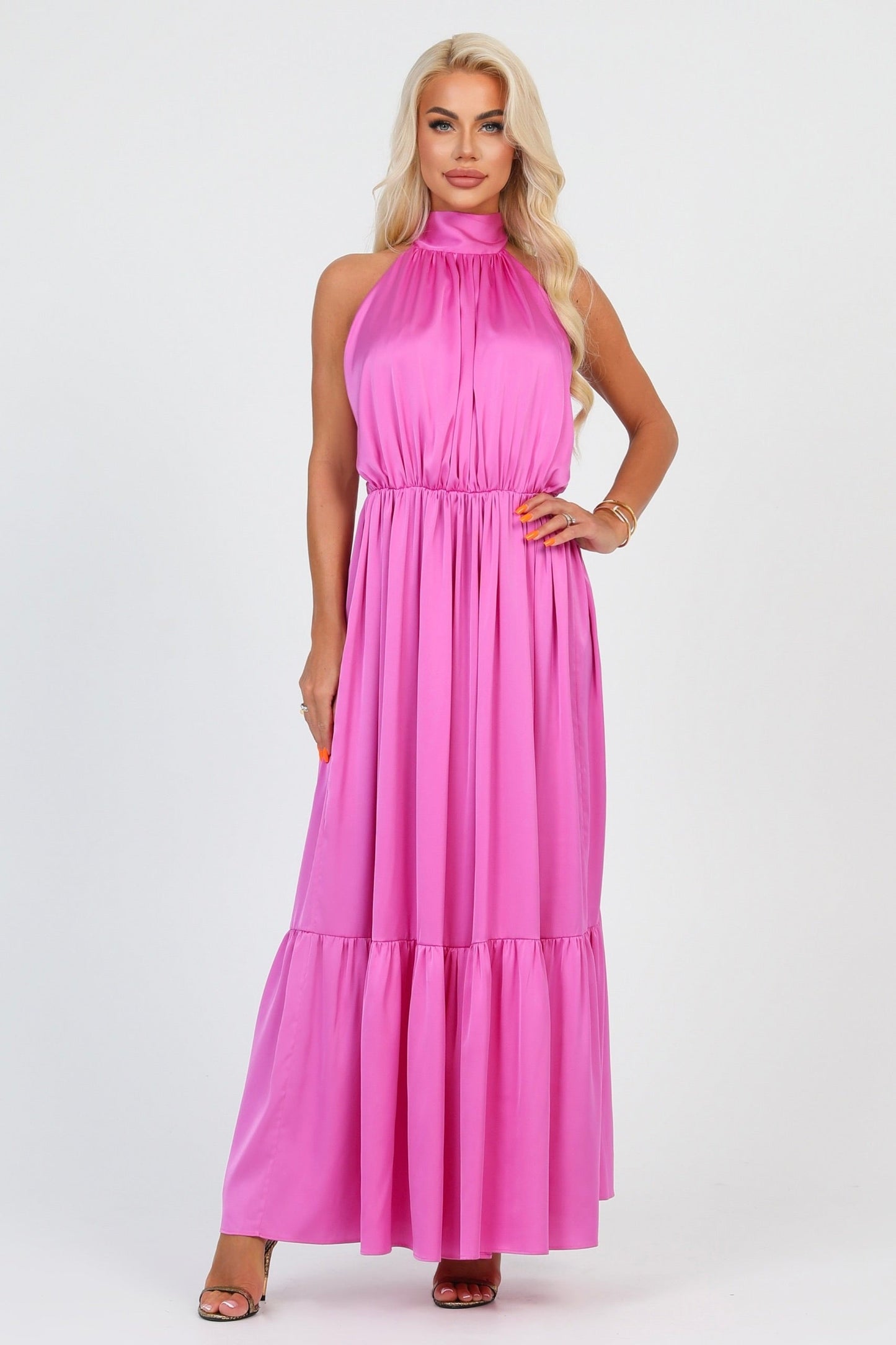 Pink Silk Satin Dress Halter Neckline