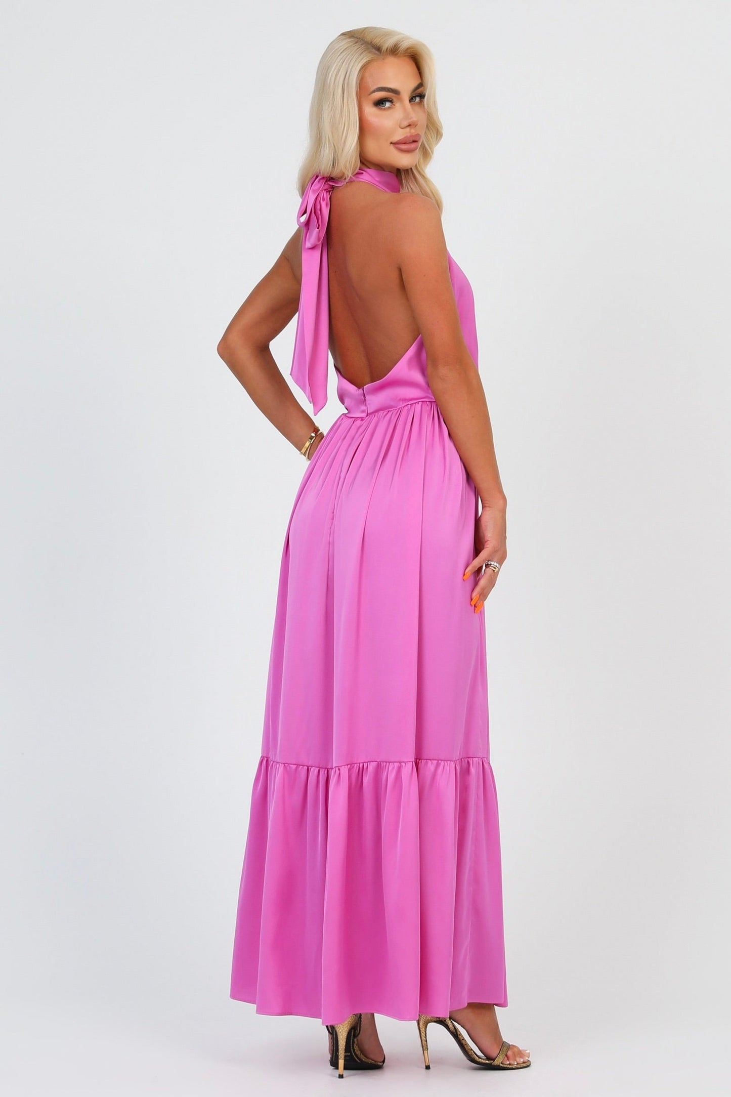 Pink Silk Satin Dress Halter Neckline