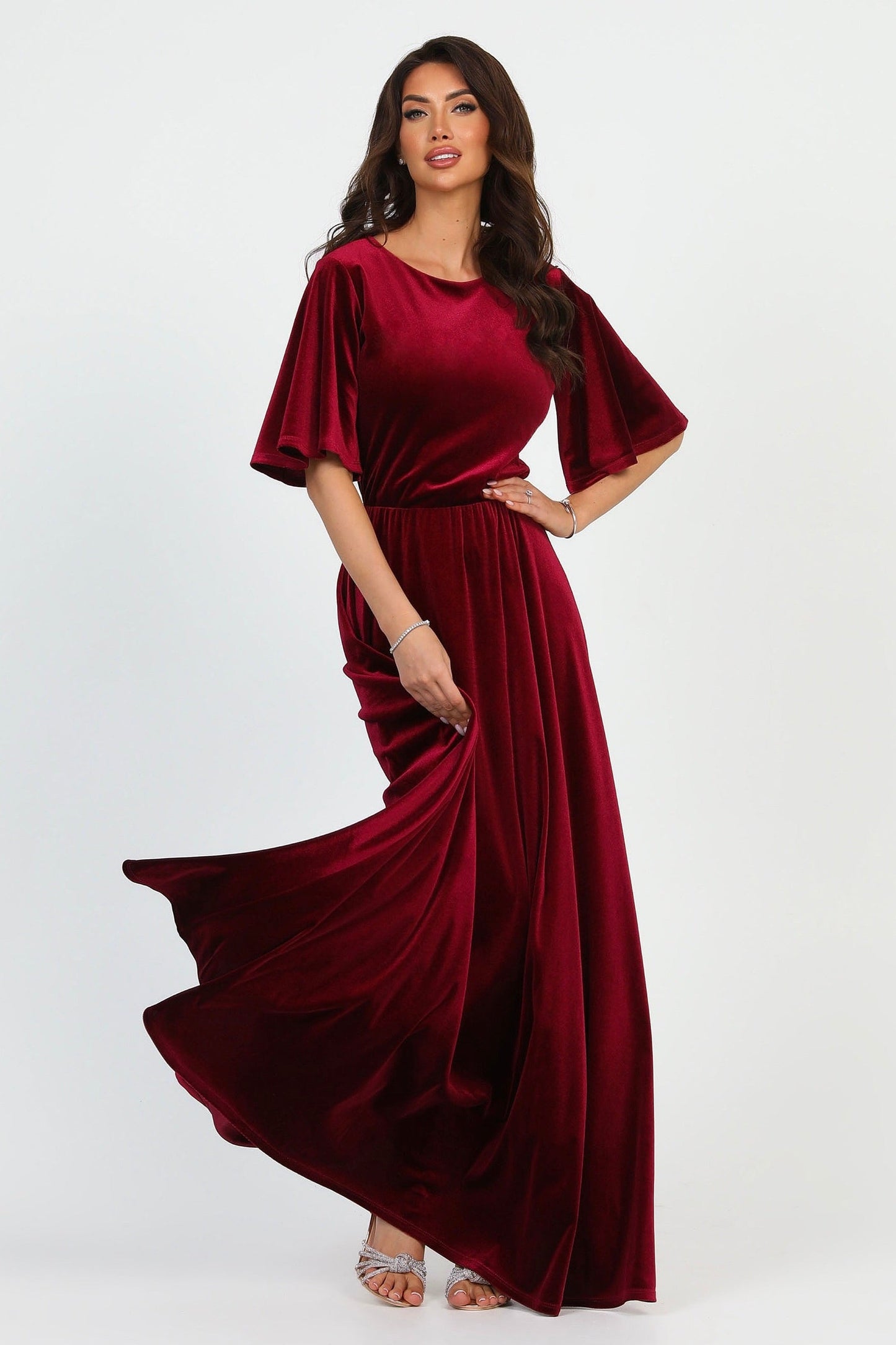 Burgundy Velvet Round Neckline Dress Flutter Sleeves