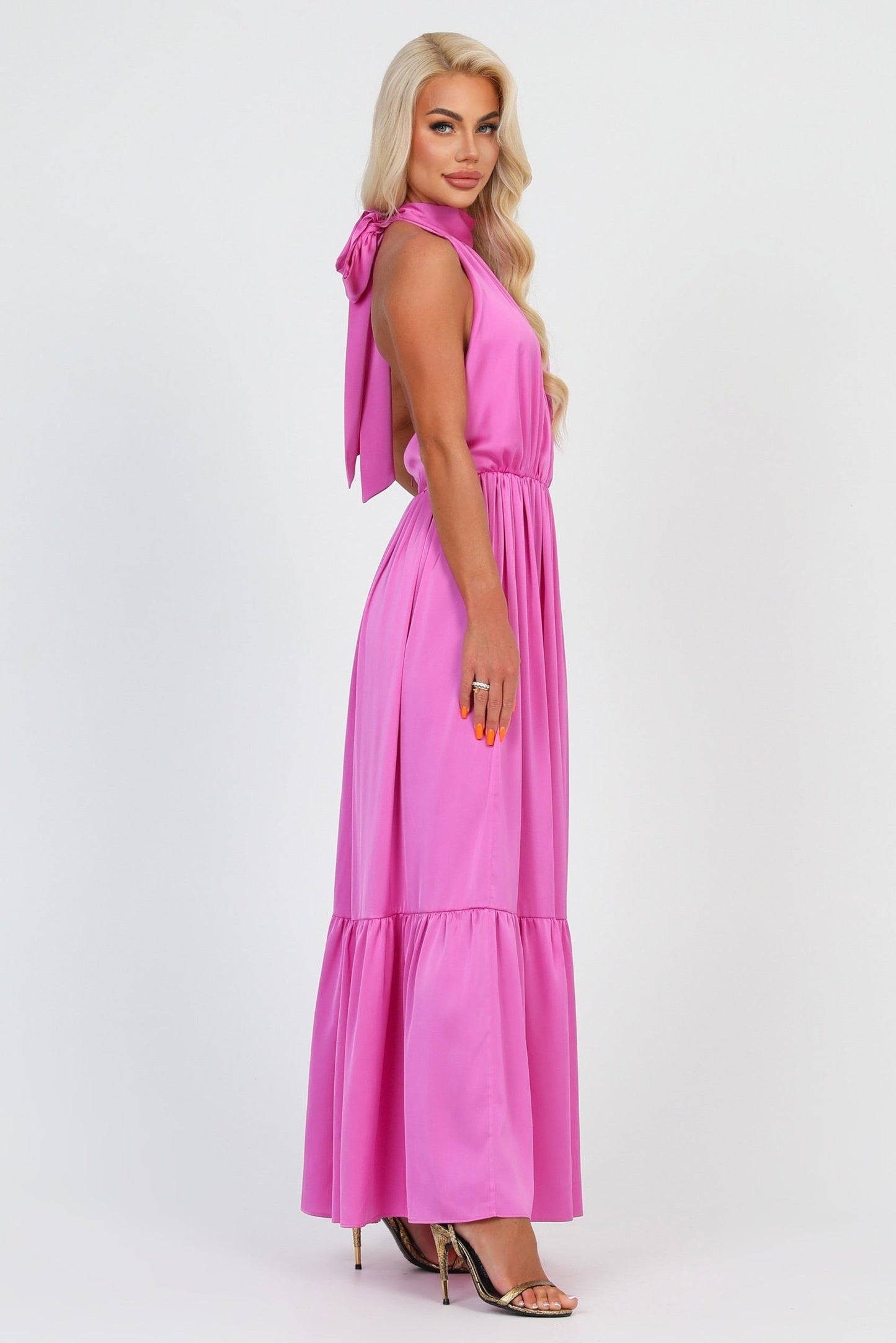 Pink Silk Satin Dress Halter Neckline