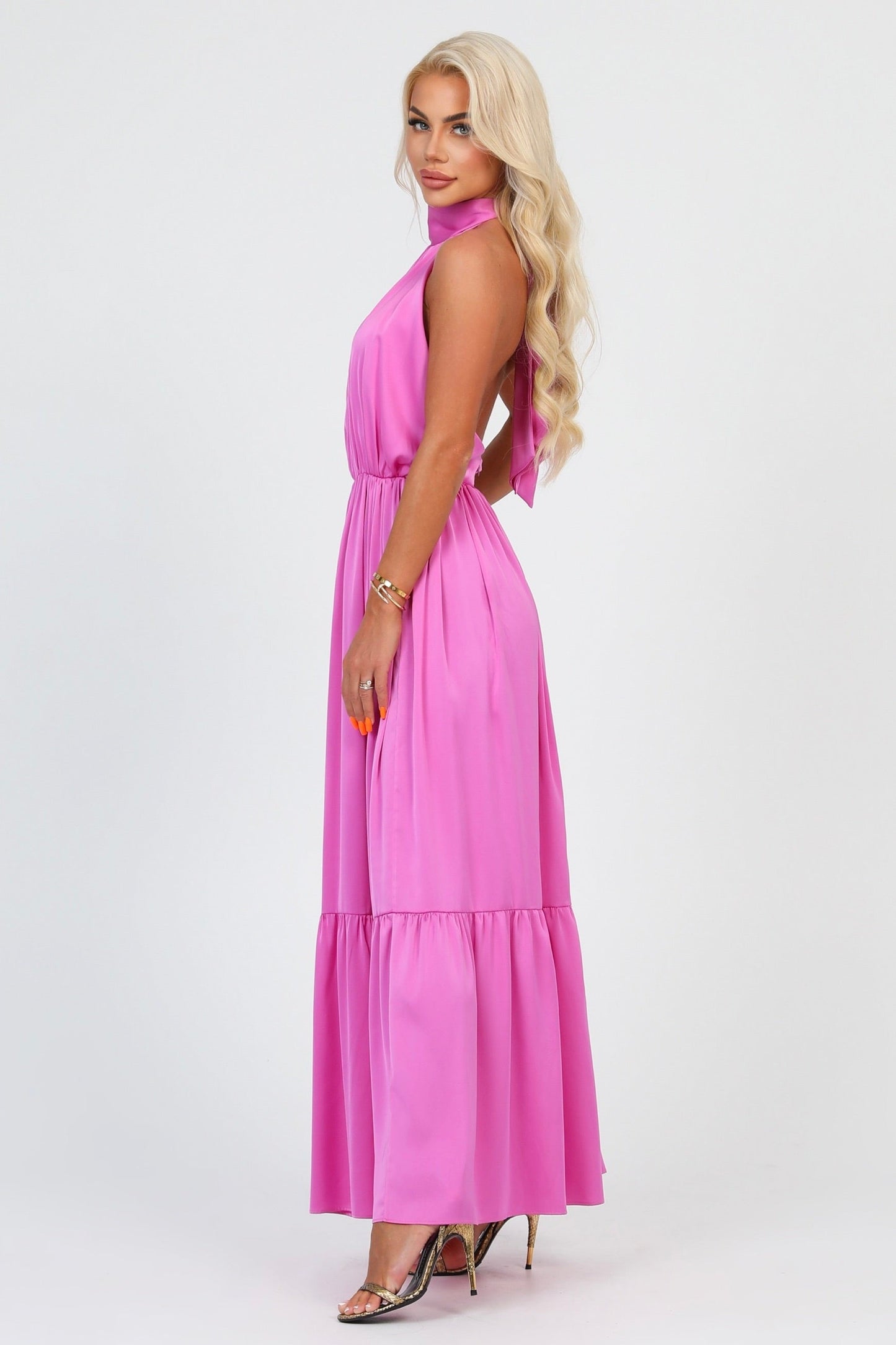 Pink Silk Satin Dress Halter Neckline