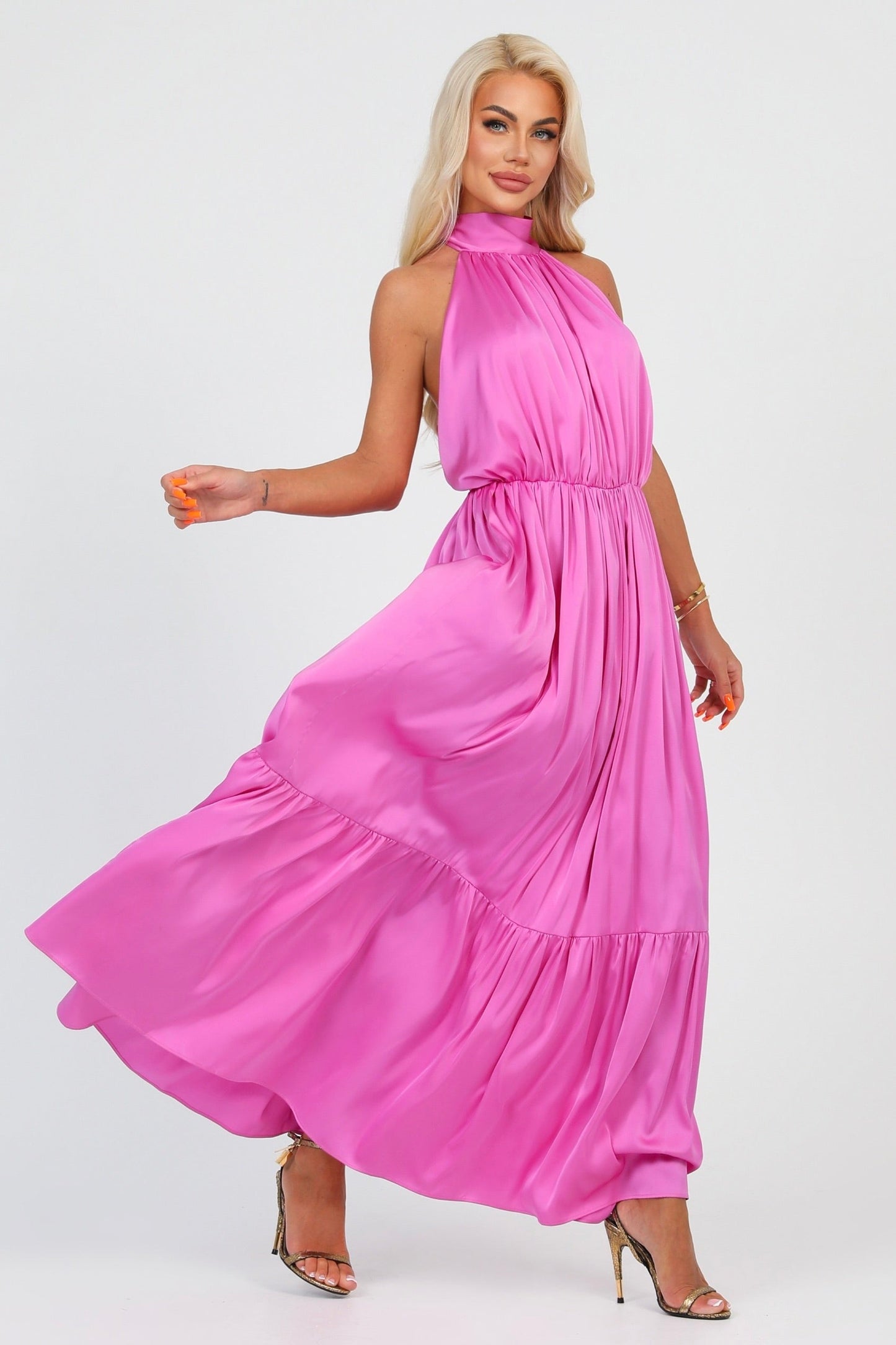 Pink Silk Satin Dress Halter Neckline