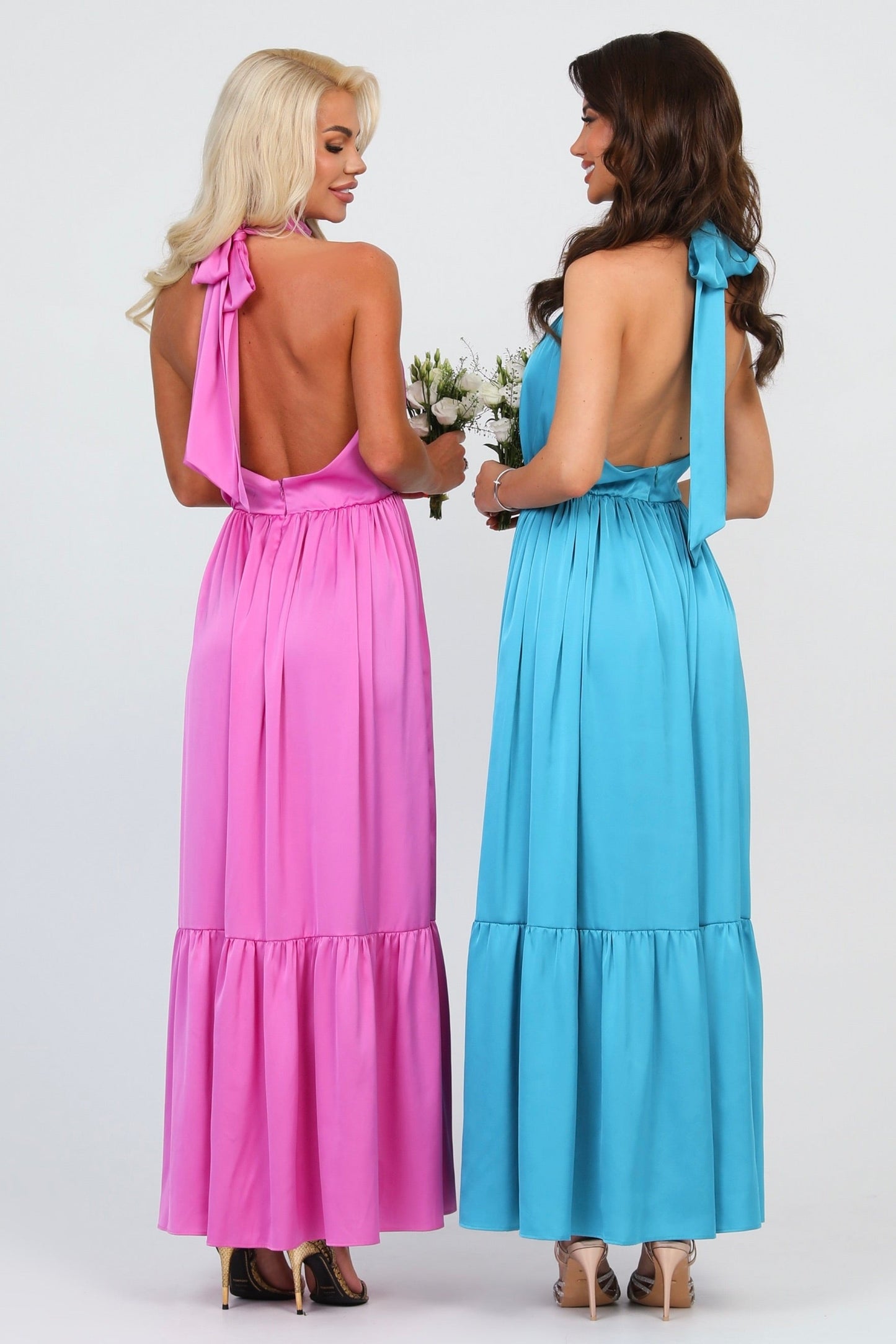 Pink Silk Satin Dress Halter Neckline