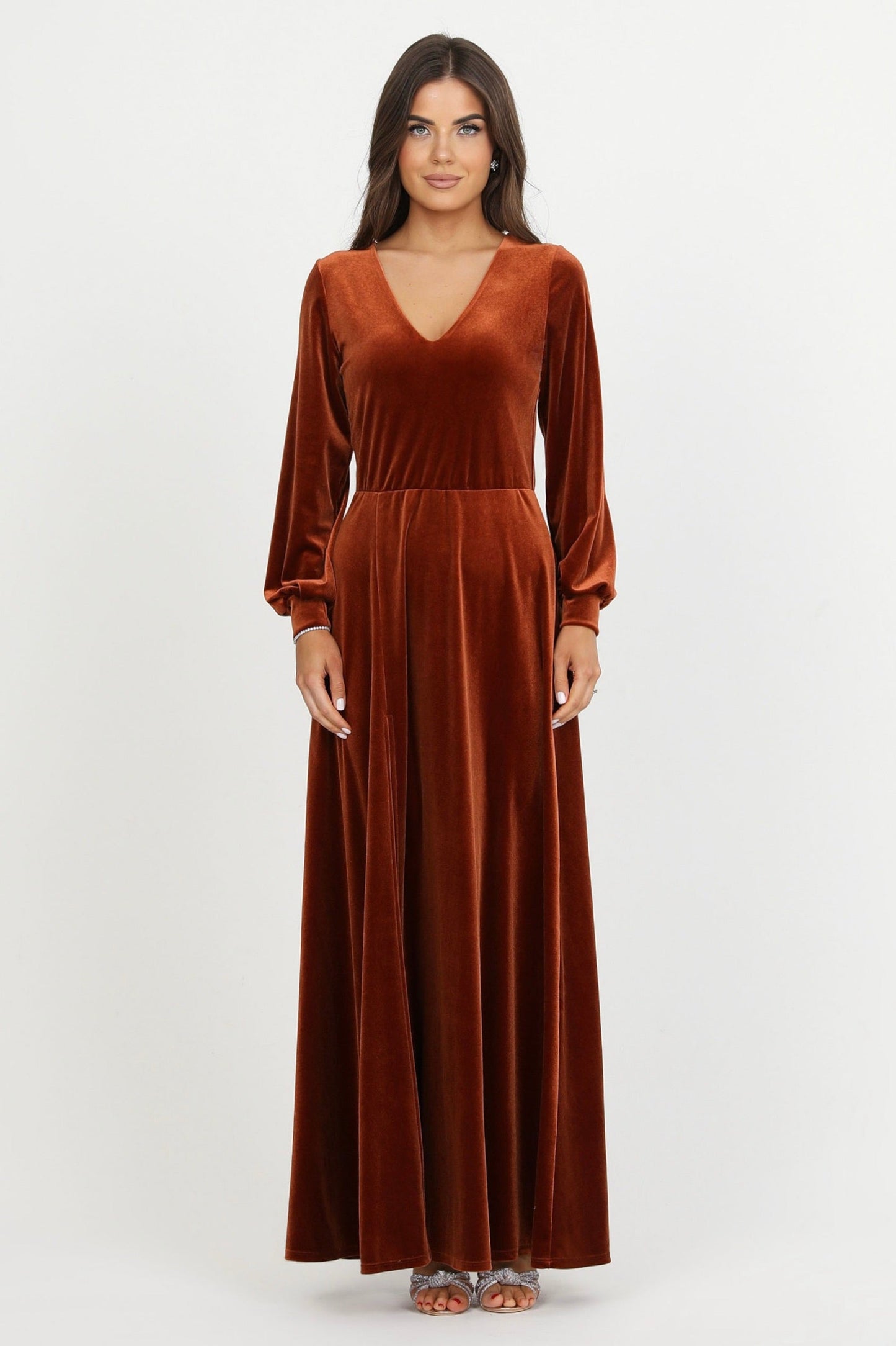 Rusty Orange Velvet Deep V Neckline Dress Bishop Sleeves